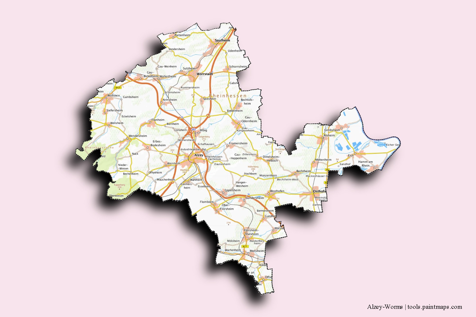 Mapa de barrios y pueblos de Alzey-Worms con efecto de sombra 3D