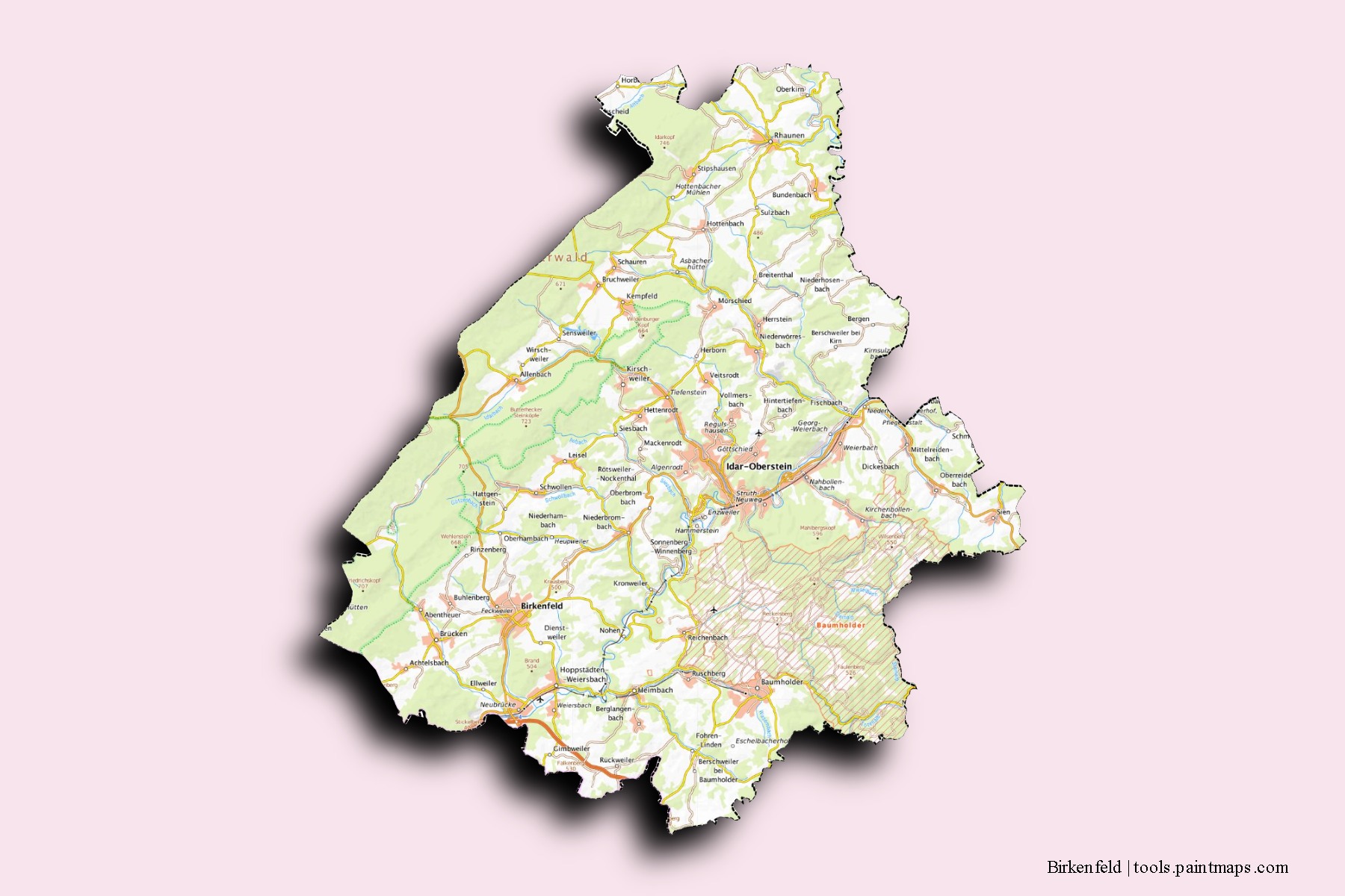 Mapa de barrios y pueblos de Birkenfeld con efecto de sombra 3D