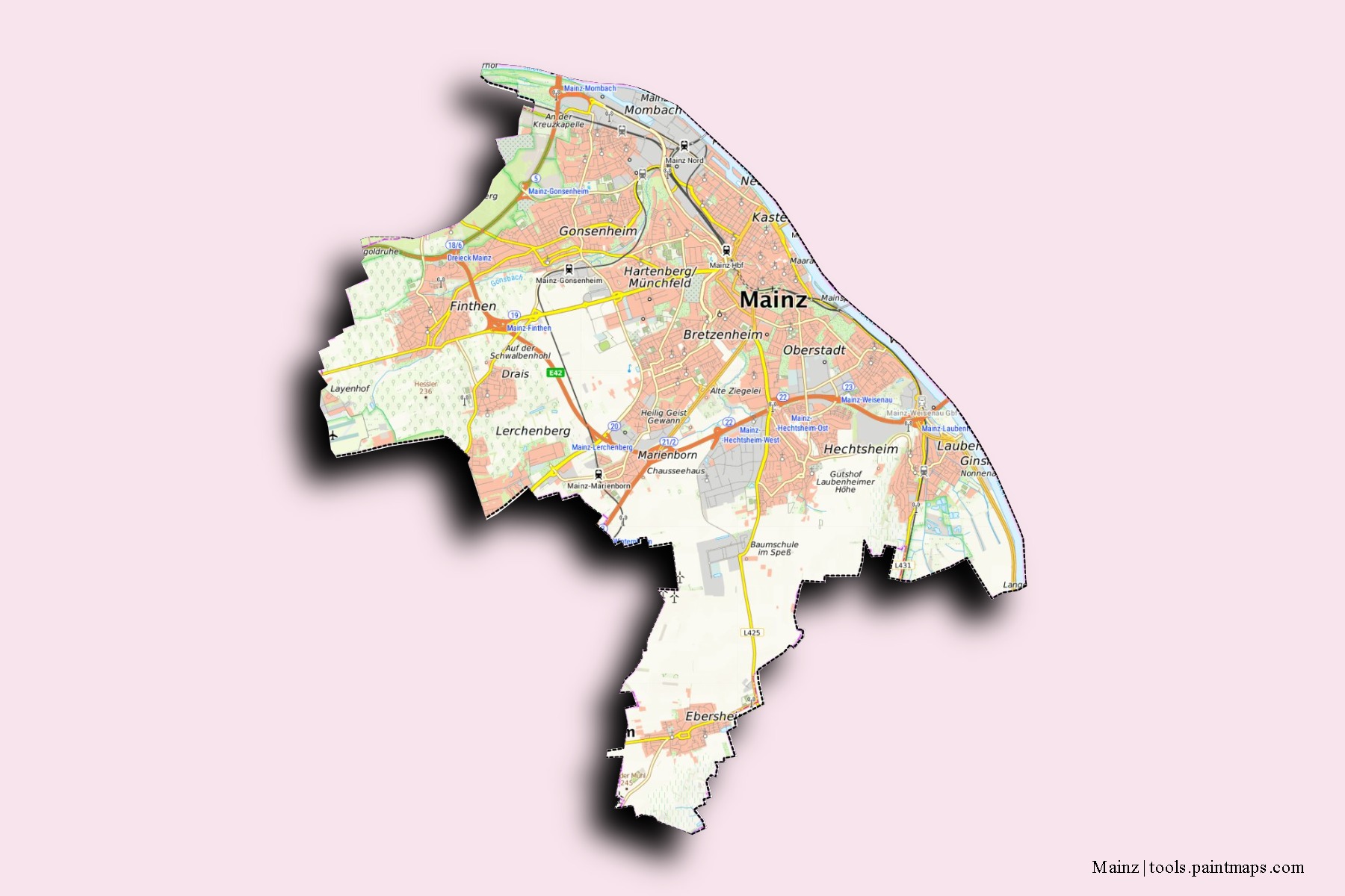 Mainz neighborhoods and villages map with 3D shadow effect