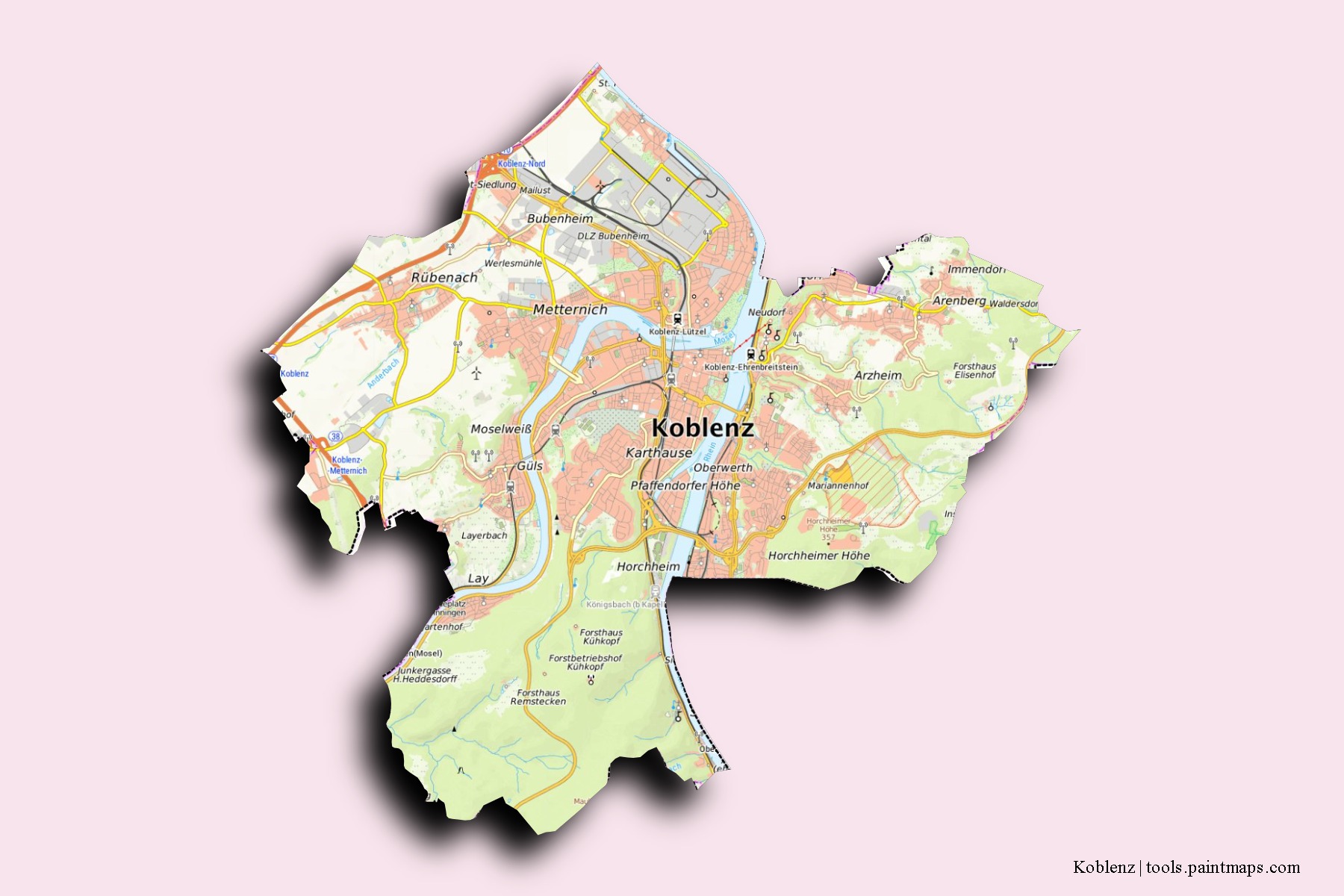 3D gölge efektli Koblenz mahalleleri ve köyleri haritası