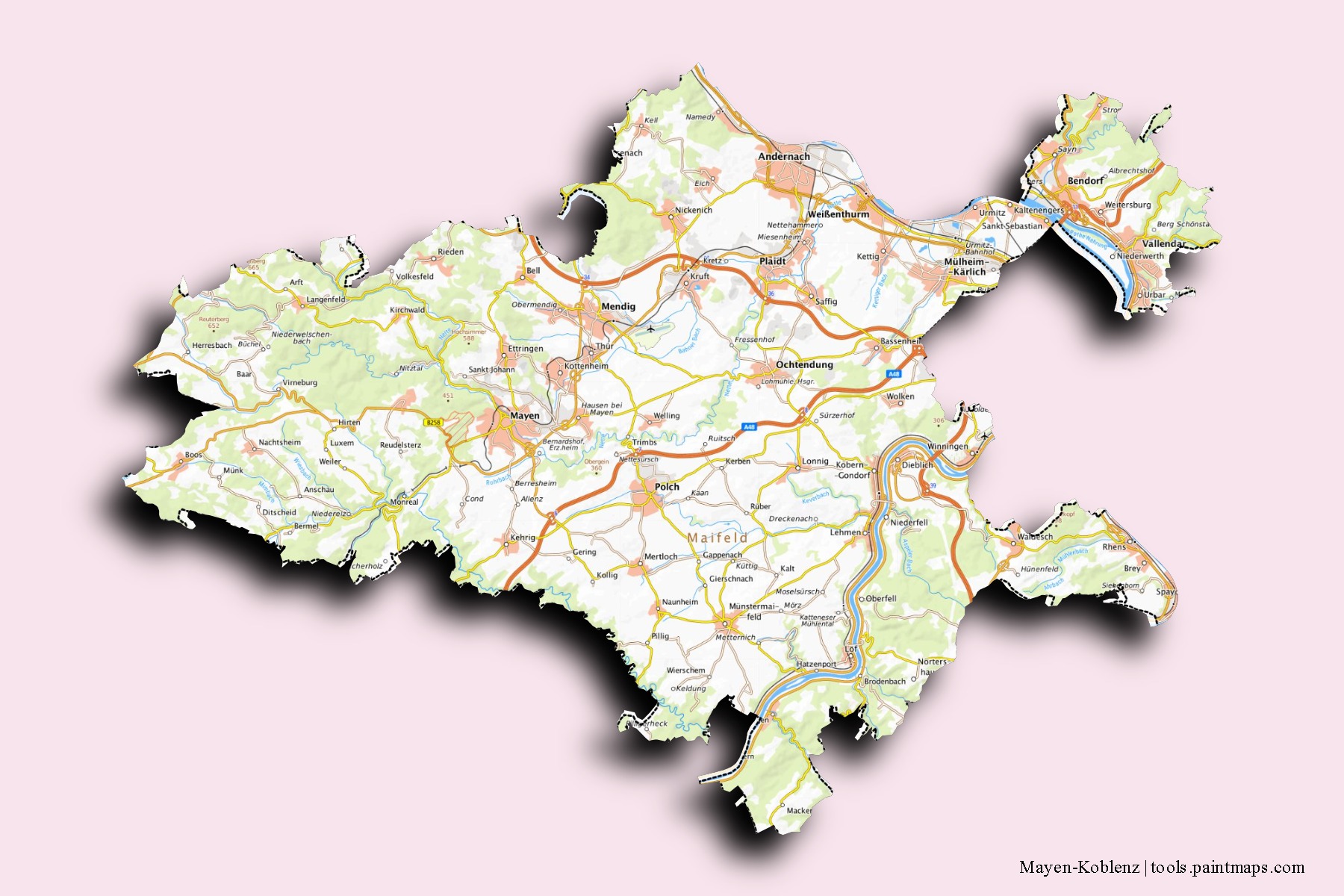 Mayen-Koblenz neighborhoods and villages map with 3D shadow effect