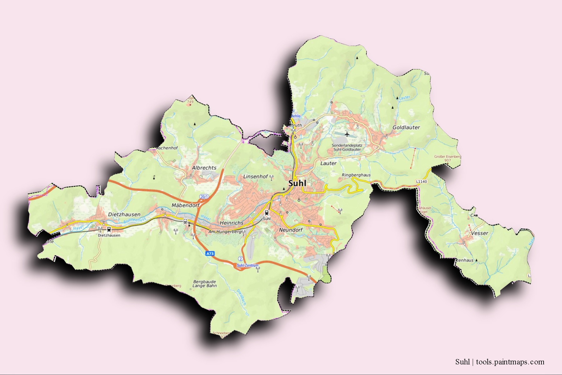 Suhl neighborhoods and villages map with 3D shadow effect