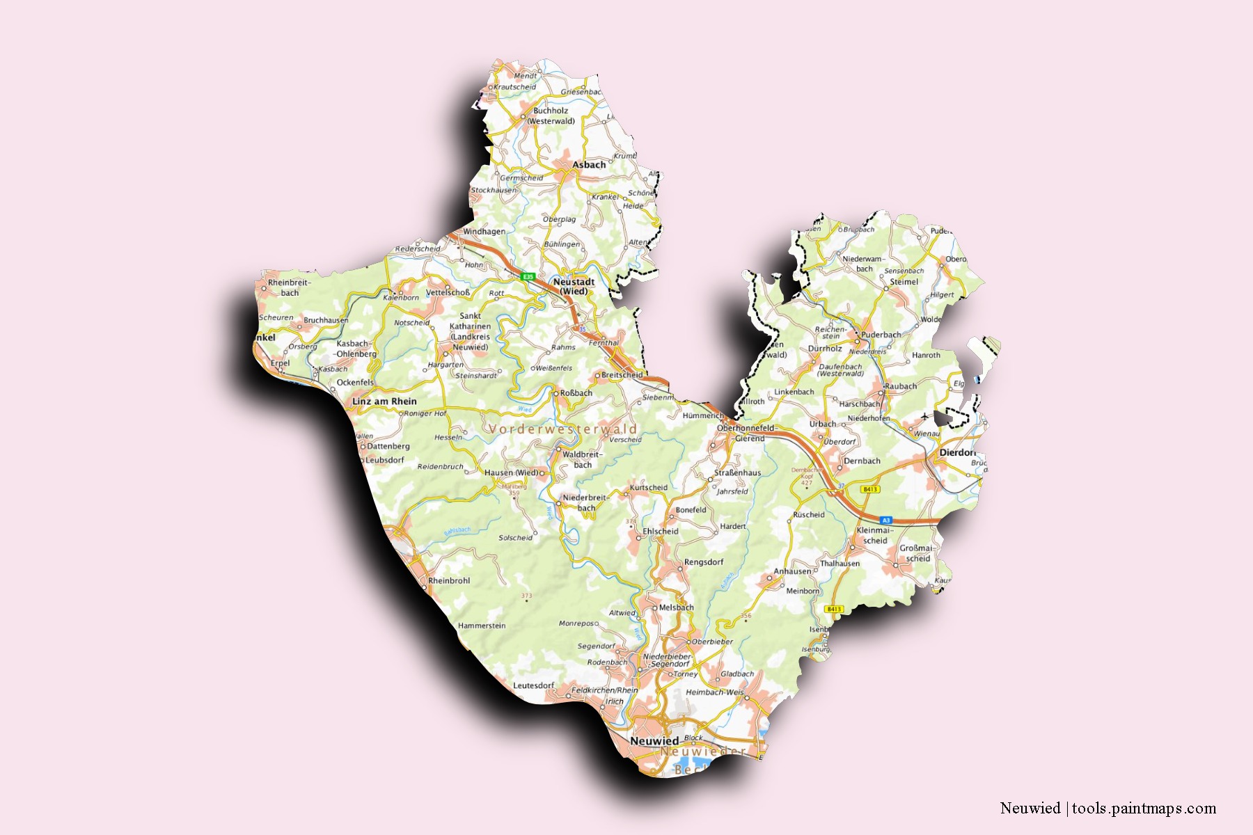 Mapa de barrios y pueblos de Neuwied con efecto de sombra 3D