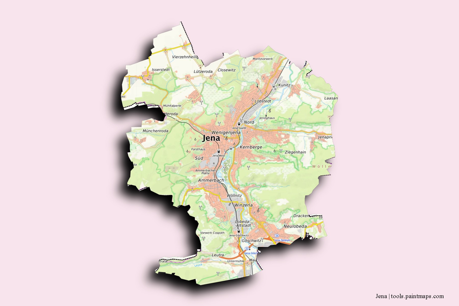 Mapa de barrios y pueblos de Jena con efecto de sombra 3D