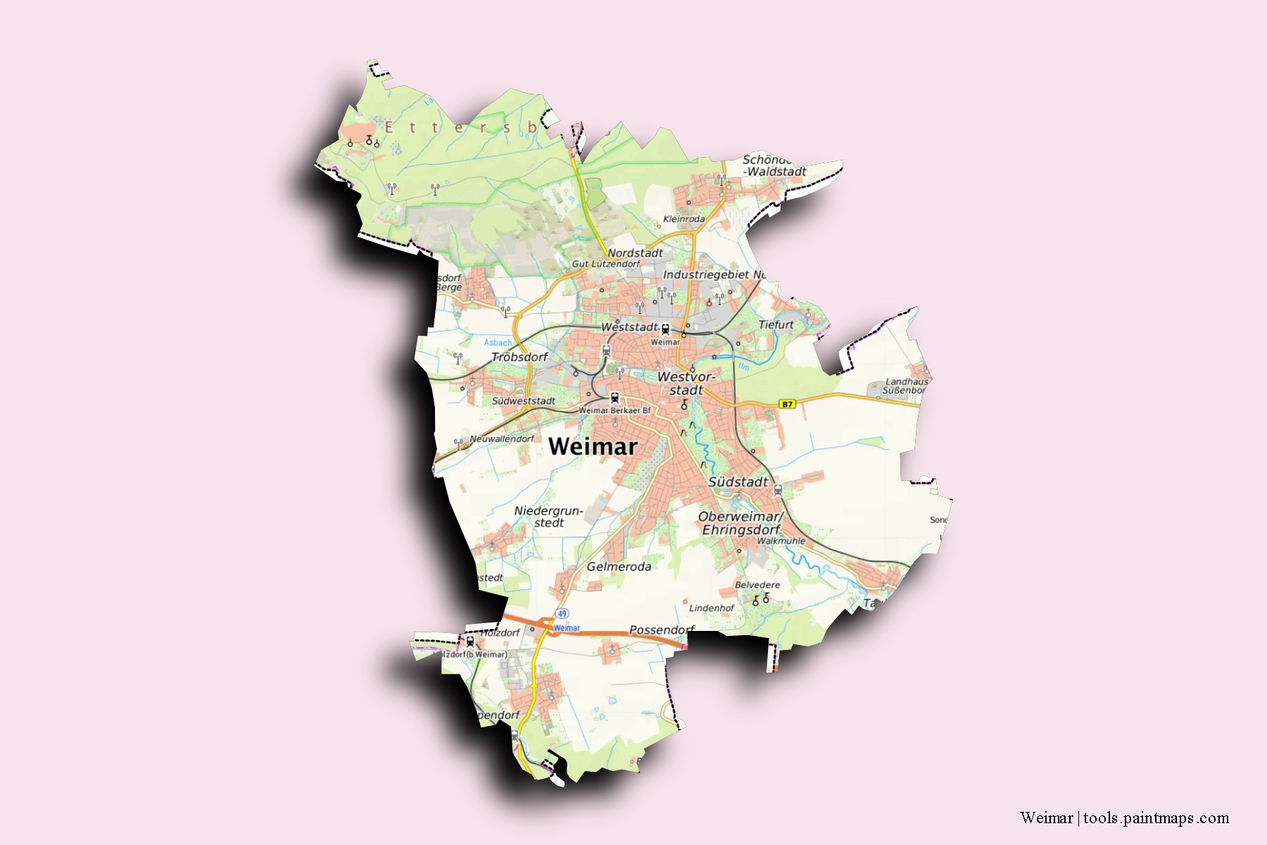 Weimar neighborhoods and villages map with 3D shadow effect