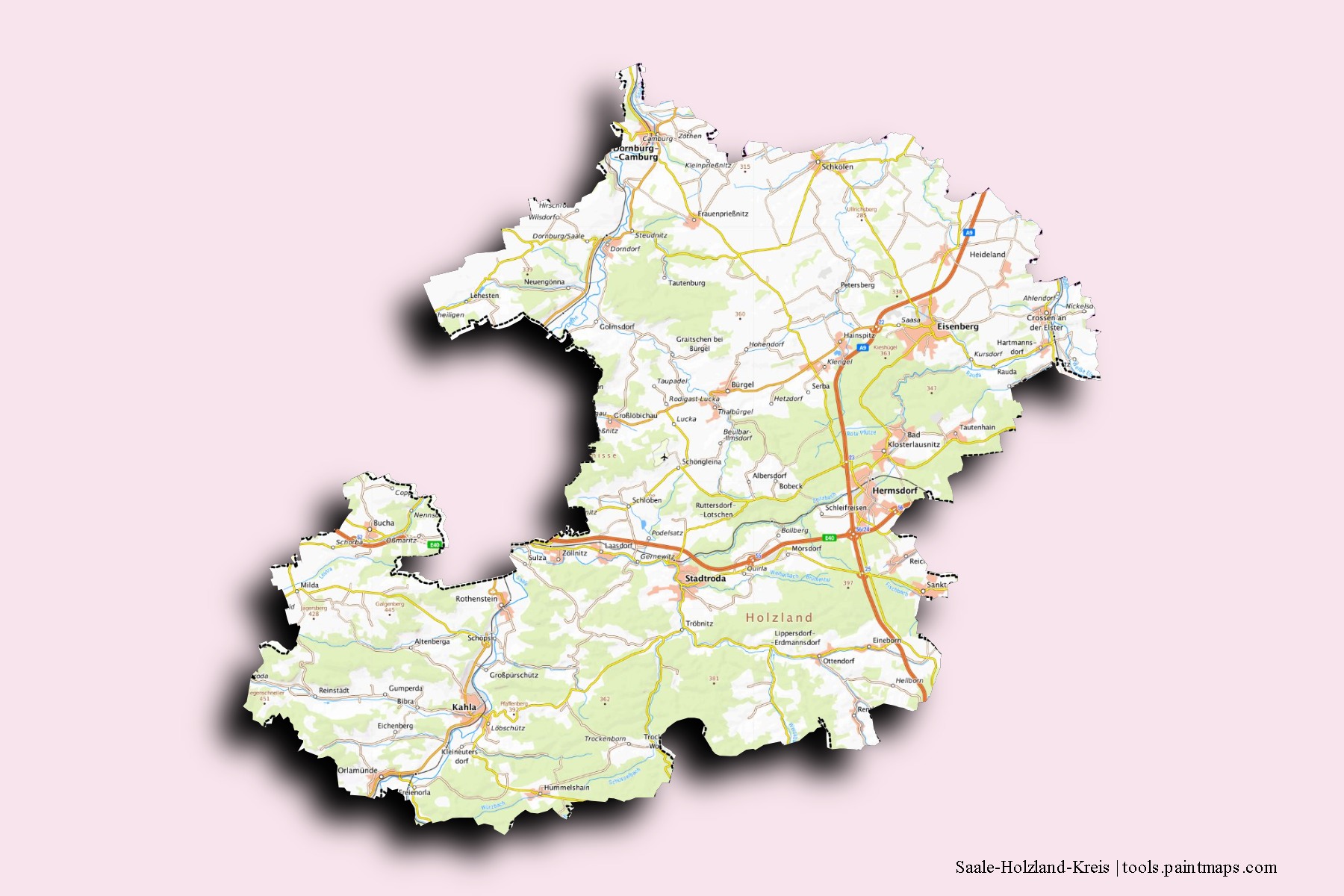 Mapa de barrios y pueblos de Saale-Holzland-Kreis con efecto de sombra 3D