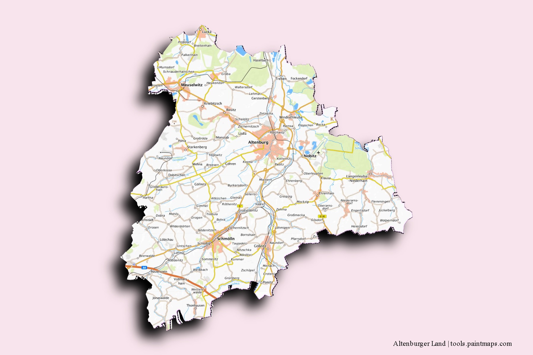 Mapa de barrios y pueblos de Altenburger Land con efecto de sombra 3D