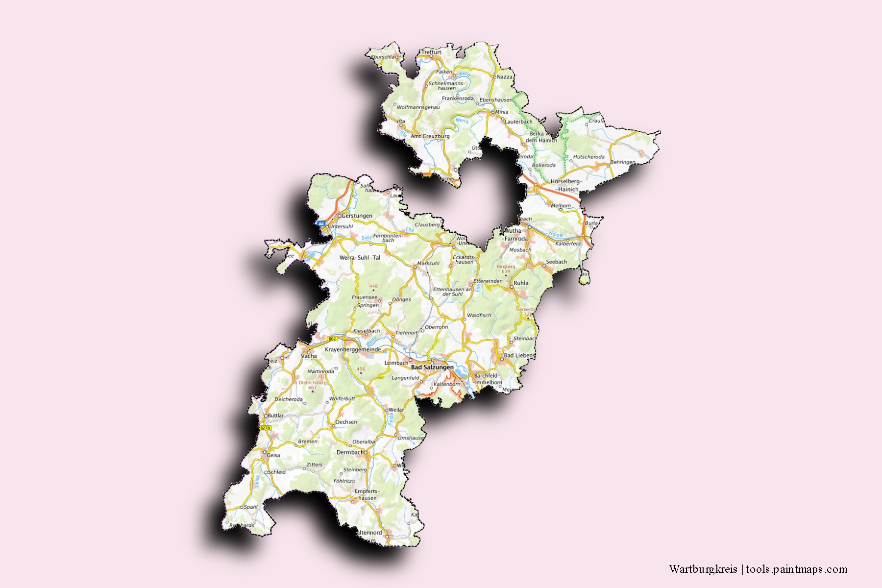 Mapa de barrios y pueblos de Wartburgkreis con efecto de sombra 3D