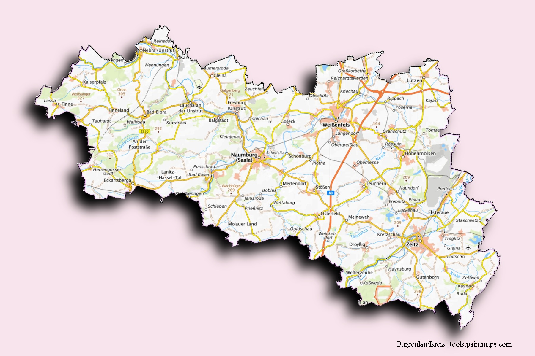 Mapa de barrios y pueblos de Burgenlandkreis con efecto de sombra 3D