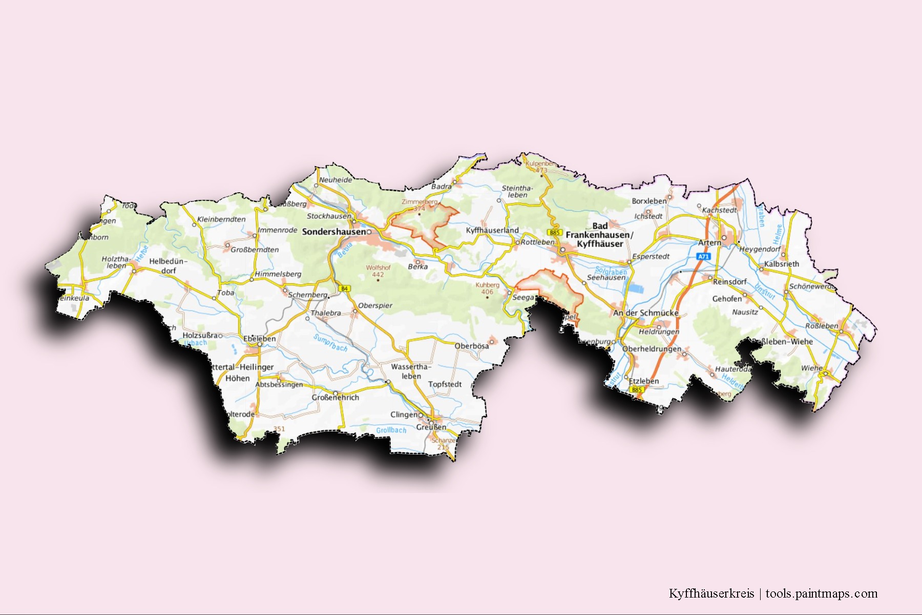 Mapa de barrios y pueblos de Kyffhäuserkreis con efecto de sombra 3D