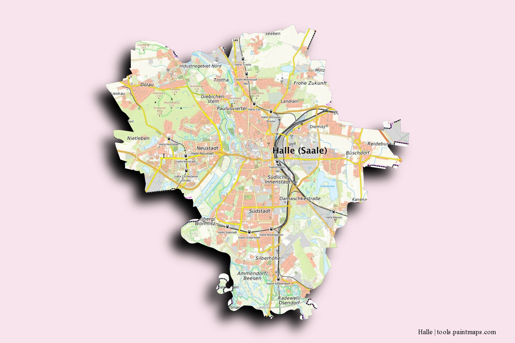 Halle neighborhoods and villages map with 3D shadow effect