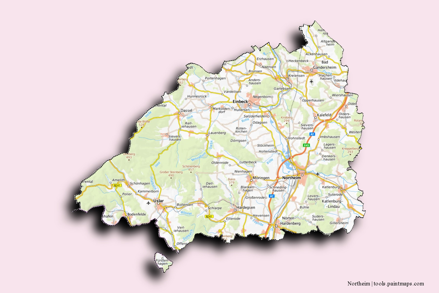 Mapa de barrios y pueblos de Northeim con efecto de sombra 3D