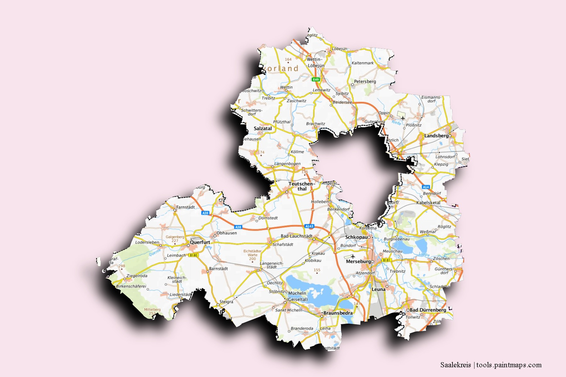 Mapa de barrios y pueblos de Saalekreis con efecto de sombra 3D