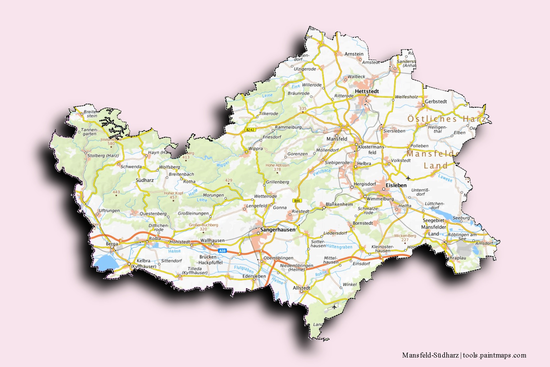 Mansfeld-Südharz neighborhoods and villages map with 3D shadow effect