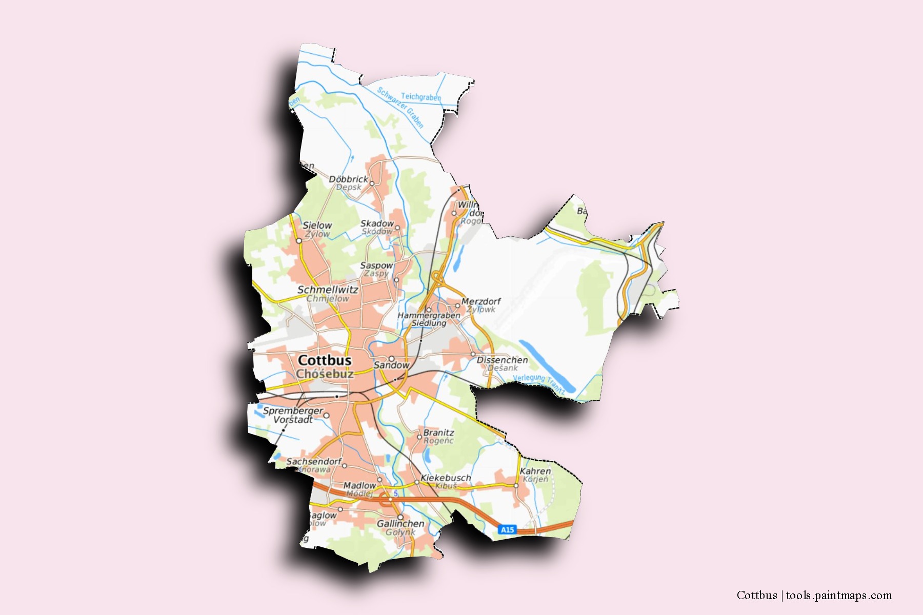 3D gölge efektli Cottbus mahalleleri ve köyleri haritası