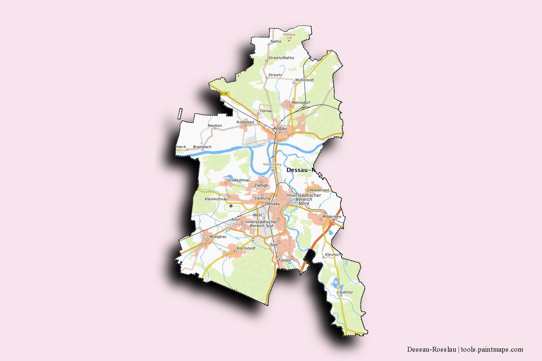 Mapa de barrios y pueblos de Dessau-Rosslau con efecto de sombra 3D