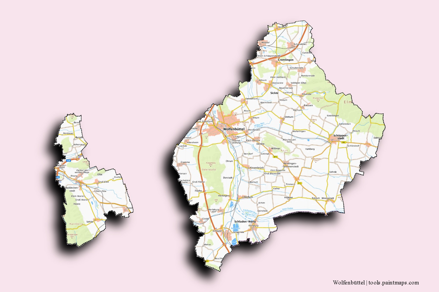 Wolfenbuttel neighborhoods and villages map with 3D shadow effect