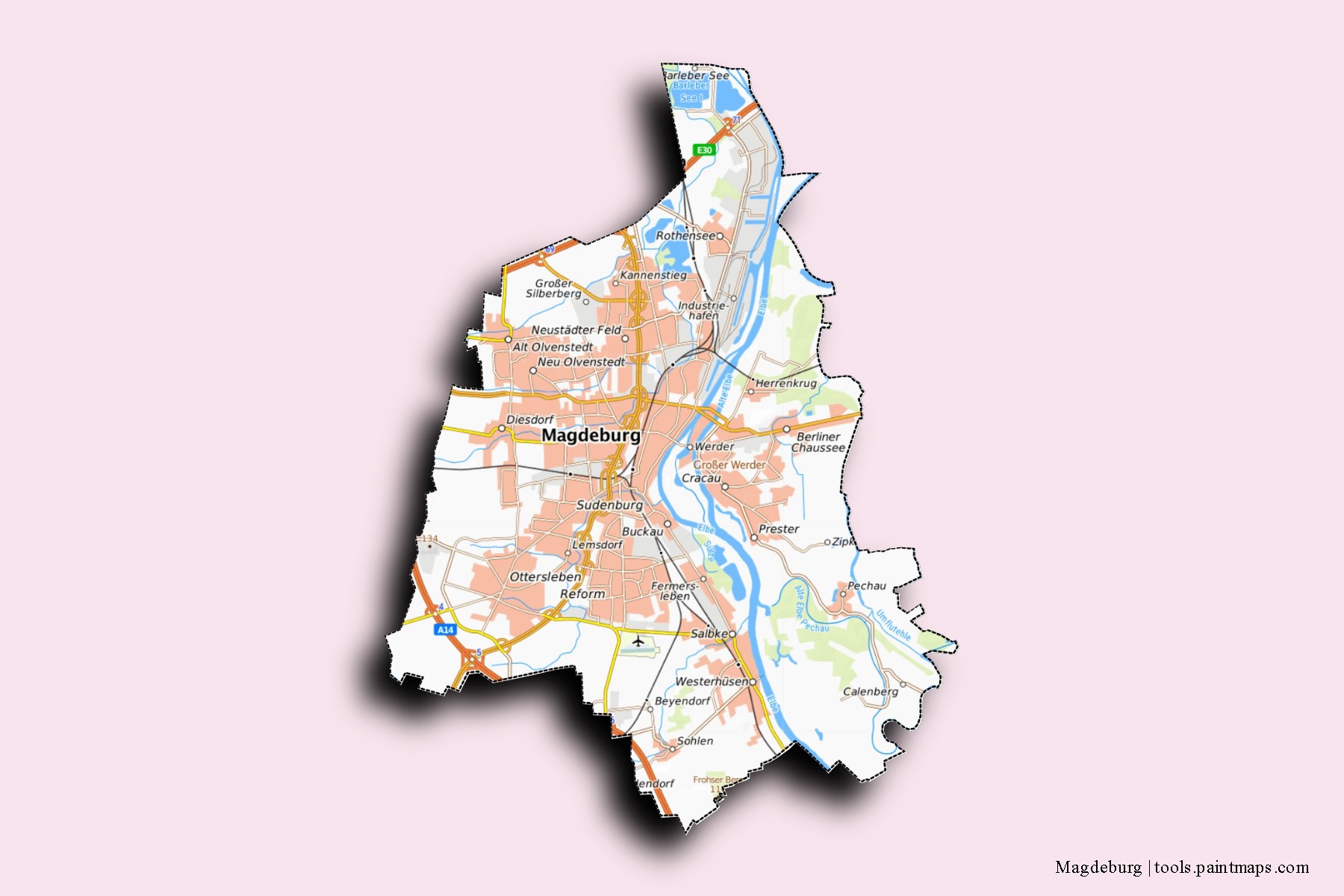 Mapa de barrios y pueblos de Magdeburg con efecto de sombra 3D