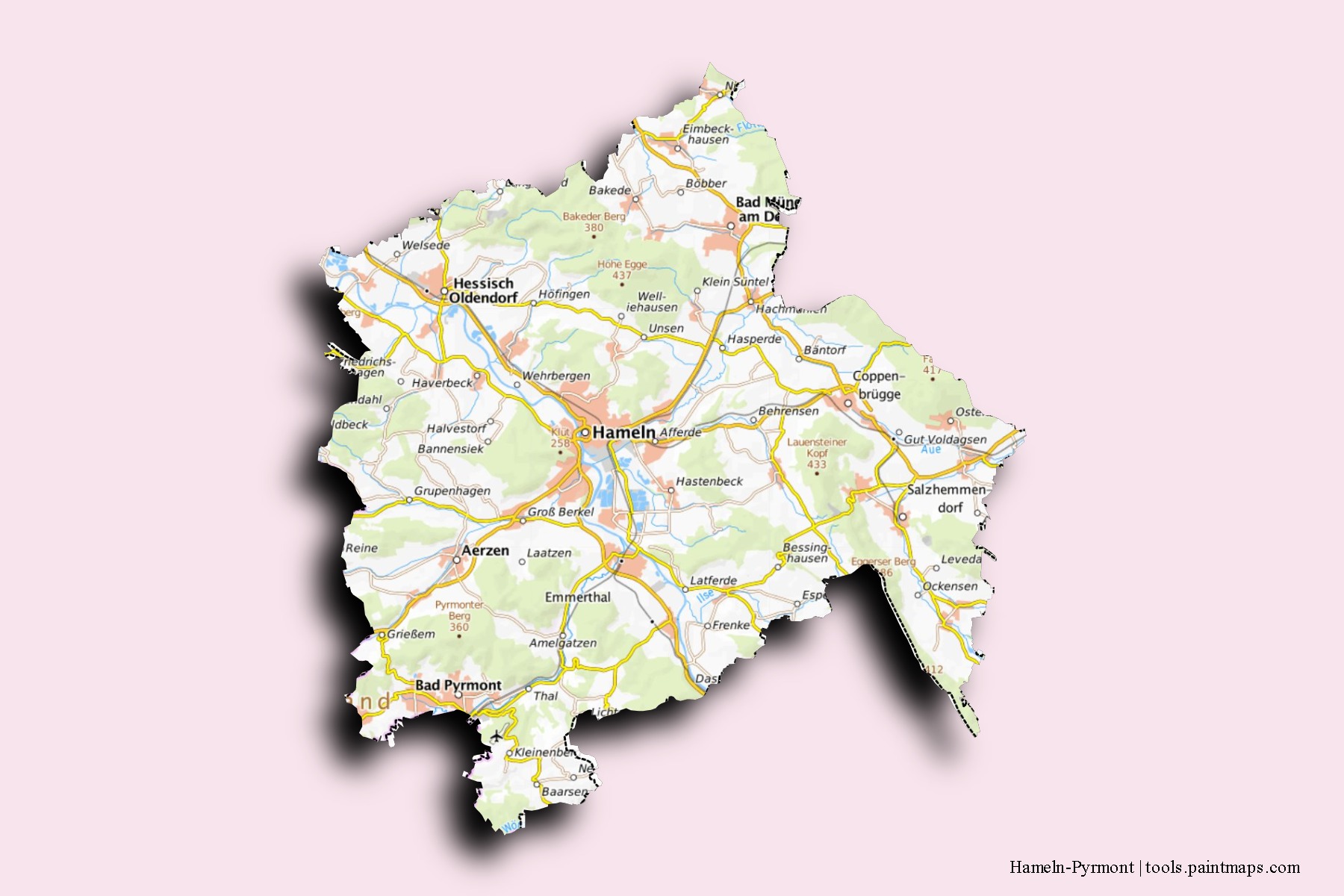 Hameln-Pyrmont neighborhoods and villages map with 3D shadow effect