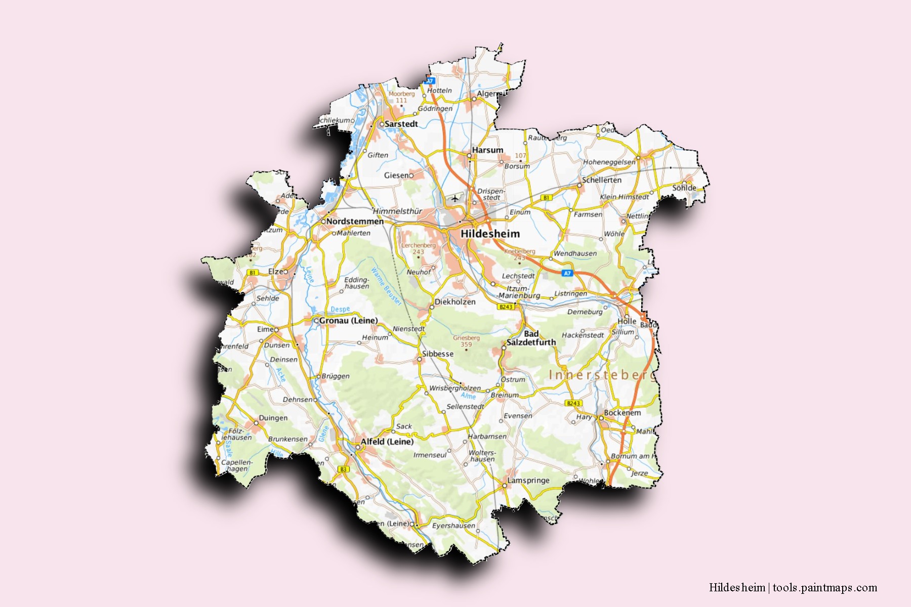 Mapa de barrios y pueblos de Hildesheim con efecto de sombra 3D