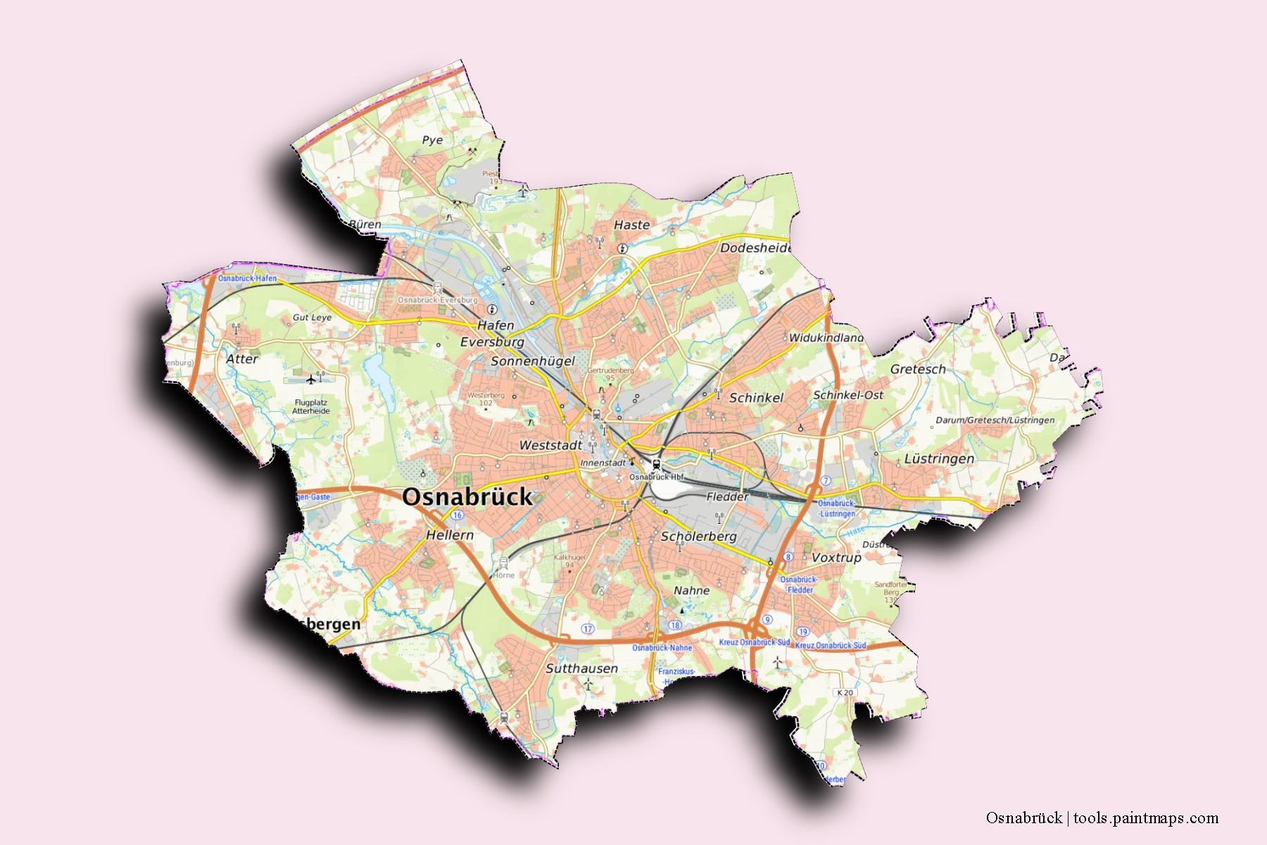 Mapa de barrios y pueblos de Osnabrück con efecto de sombra 3D