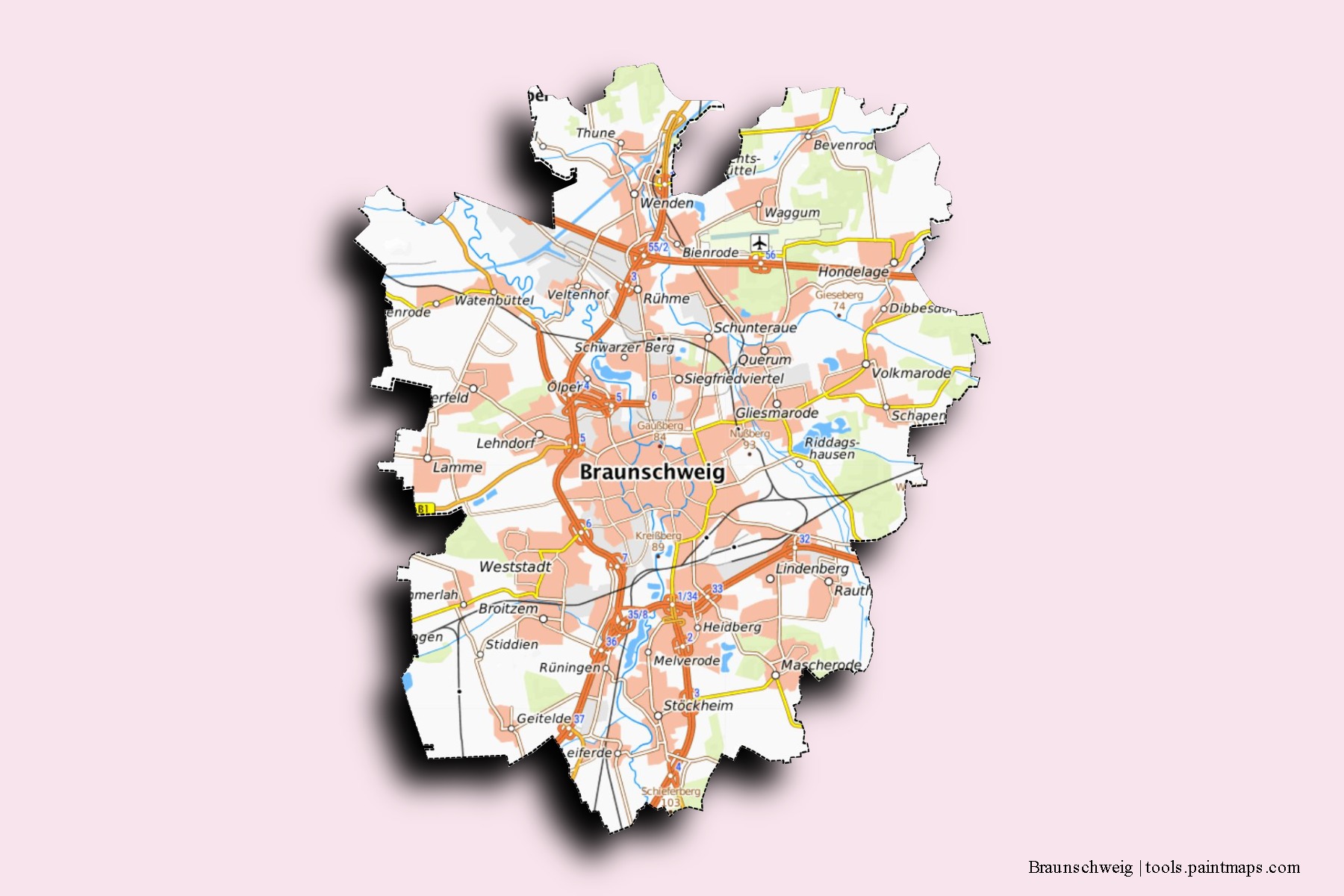 Mapa de barrios y pueblos de Braunschweig con efecto de sombra 3D