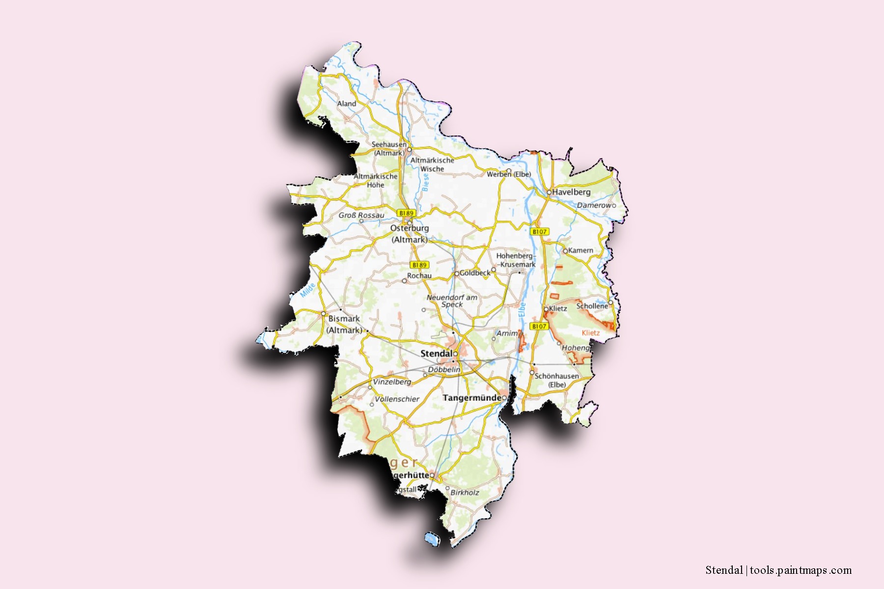 Mapa de barrios y pueblos de Stendal con efecto de sombra 3D