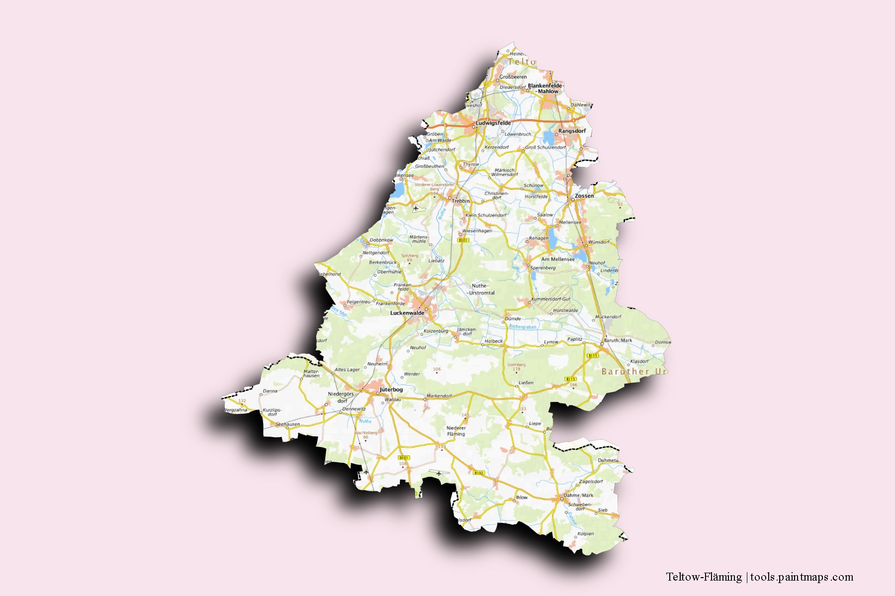 Teltow-Fläming neighborhoods and villages map with 3D shadow effect