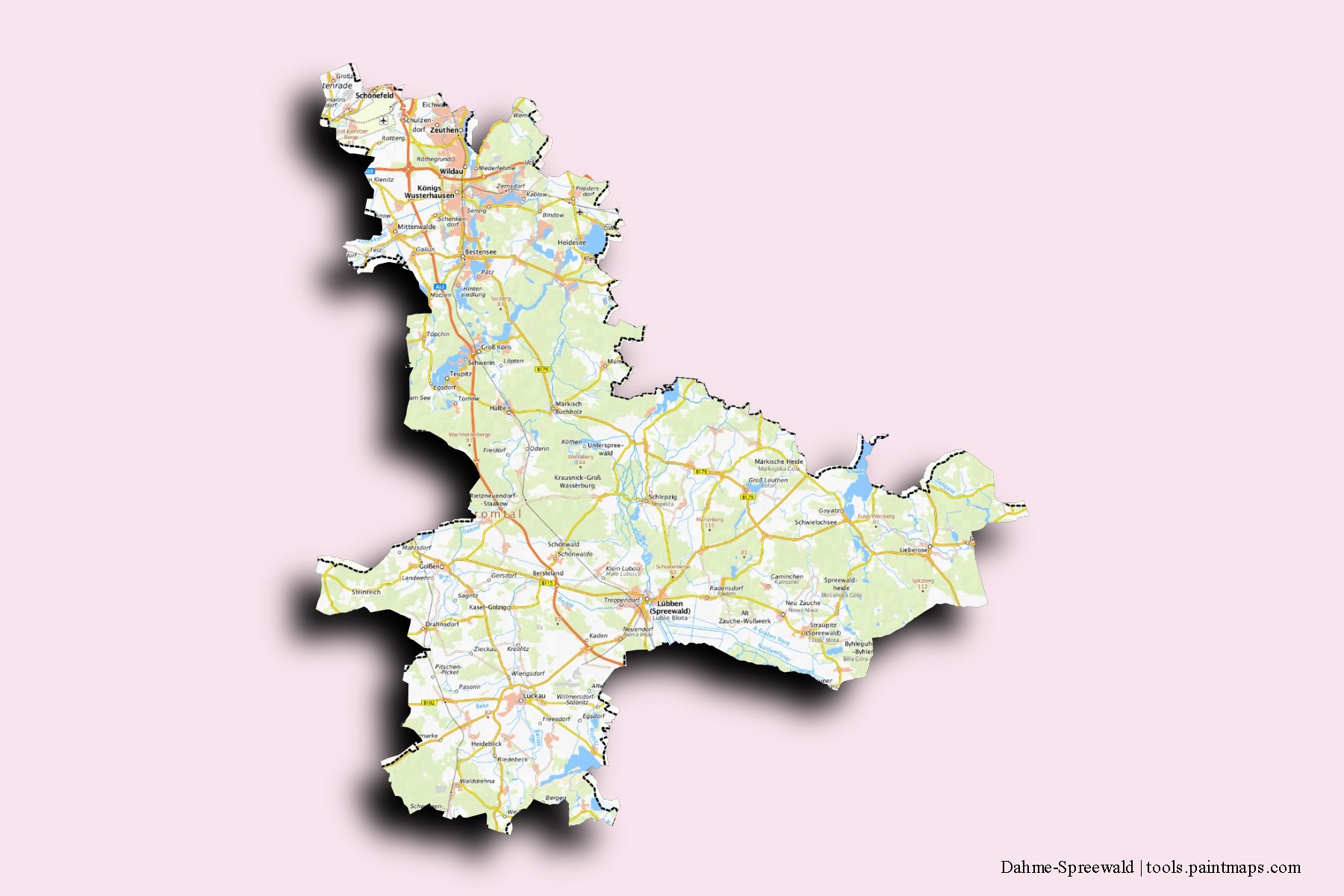 Mapa de barrios y pueblos de Dahme-Spreewald con efecto de sombra 3D