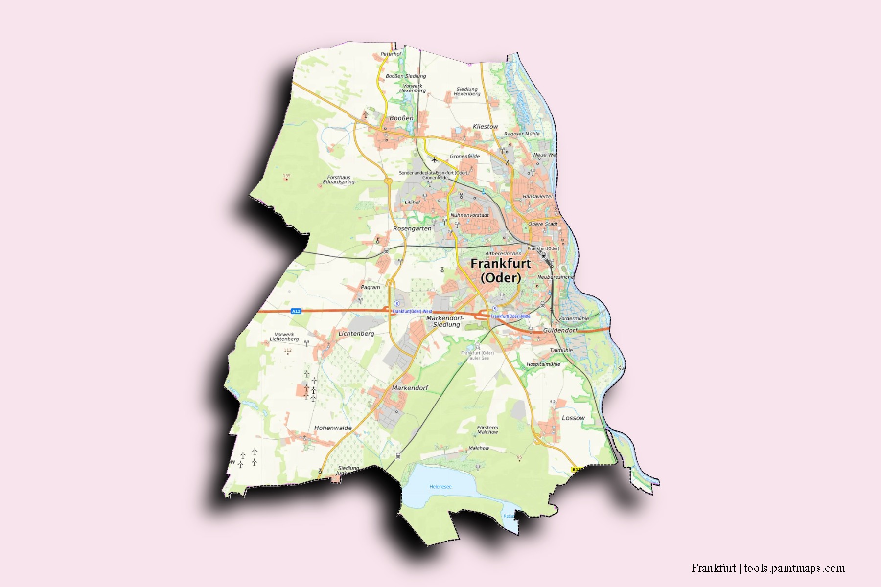 Mapa de barrios y pueblos de Frankfurt con efecto de sombra 3D