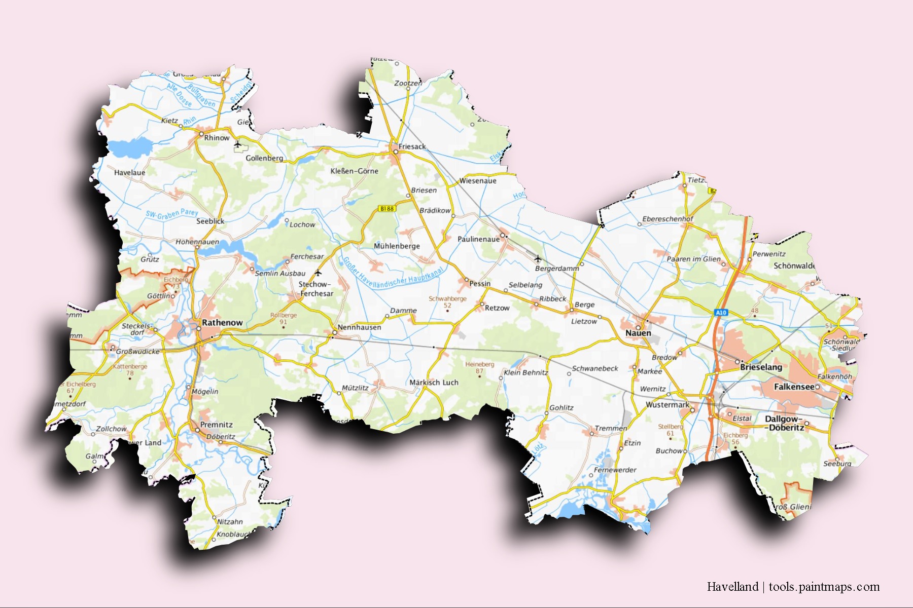 Havelland neighborhoods and villages map with 3D shadow effect