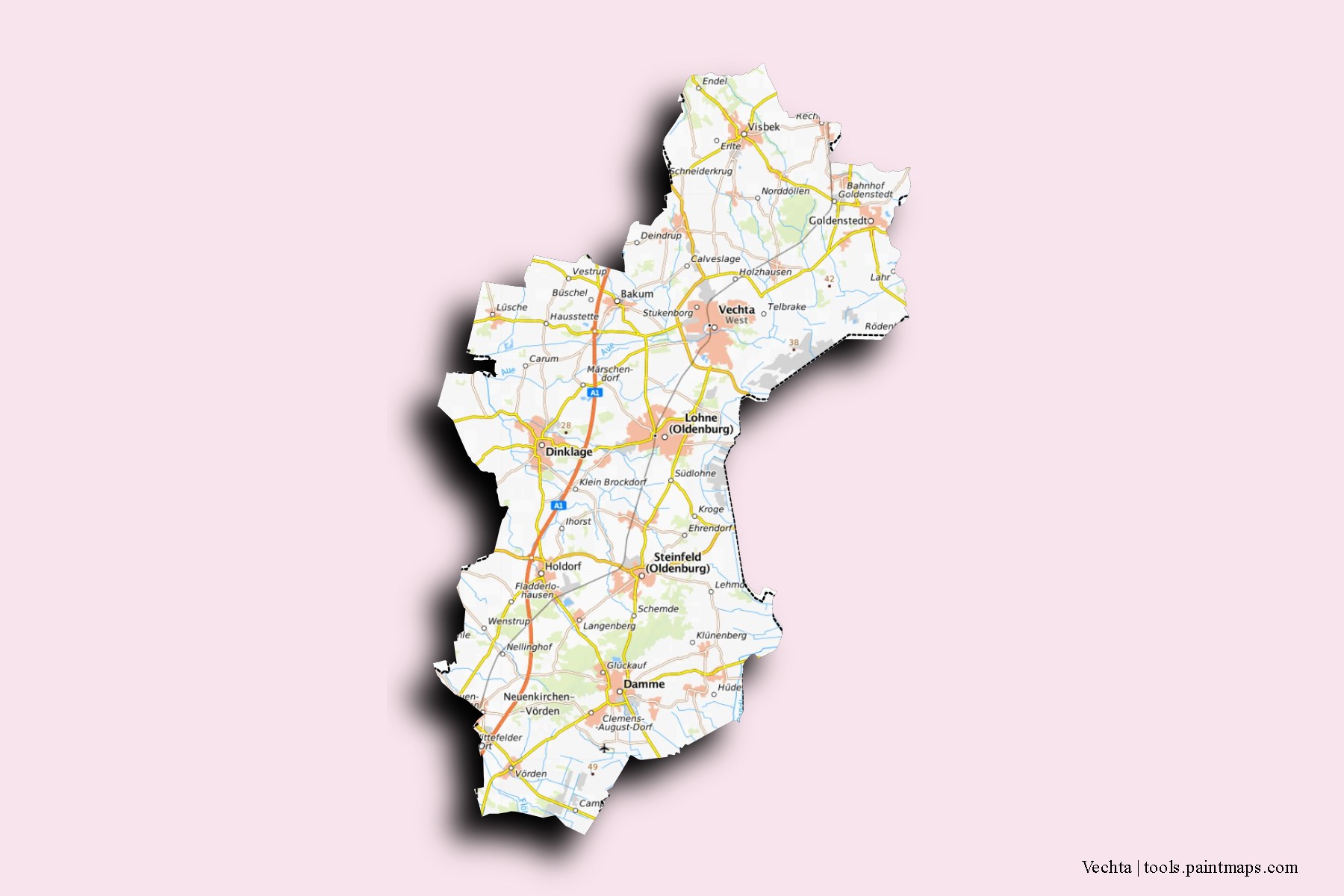 Mapa de barrios y pueblos de Vechta con efecto de sombra 3D