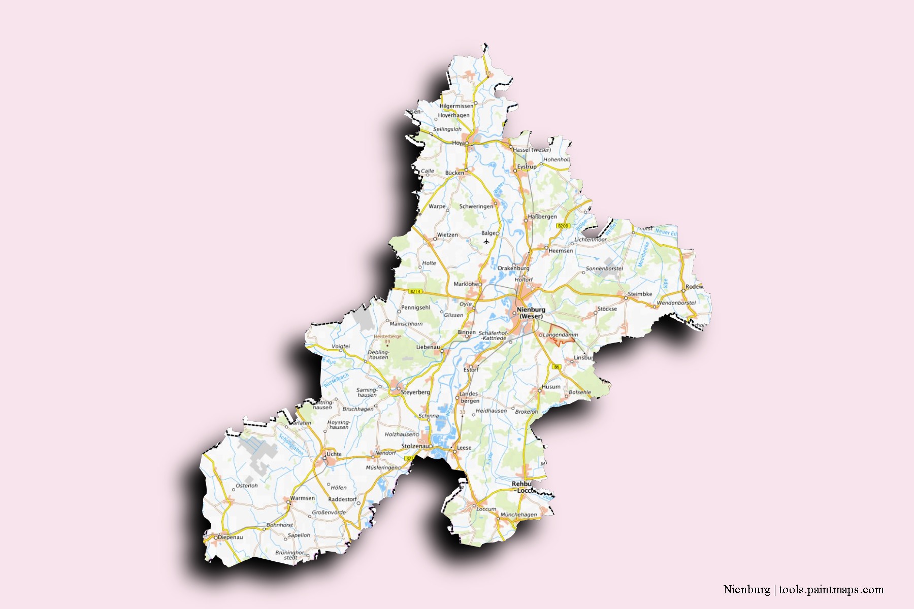 Mapa de barrios y pueblos de Nienburg con efecto de sombra 3D