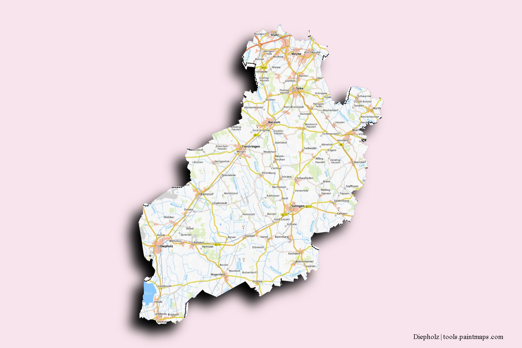 Mapa de barrios y pueblos de Diepholz con efecto de sombra 3D