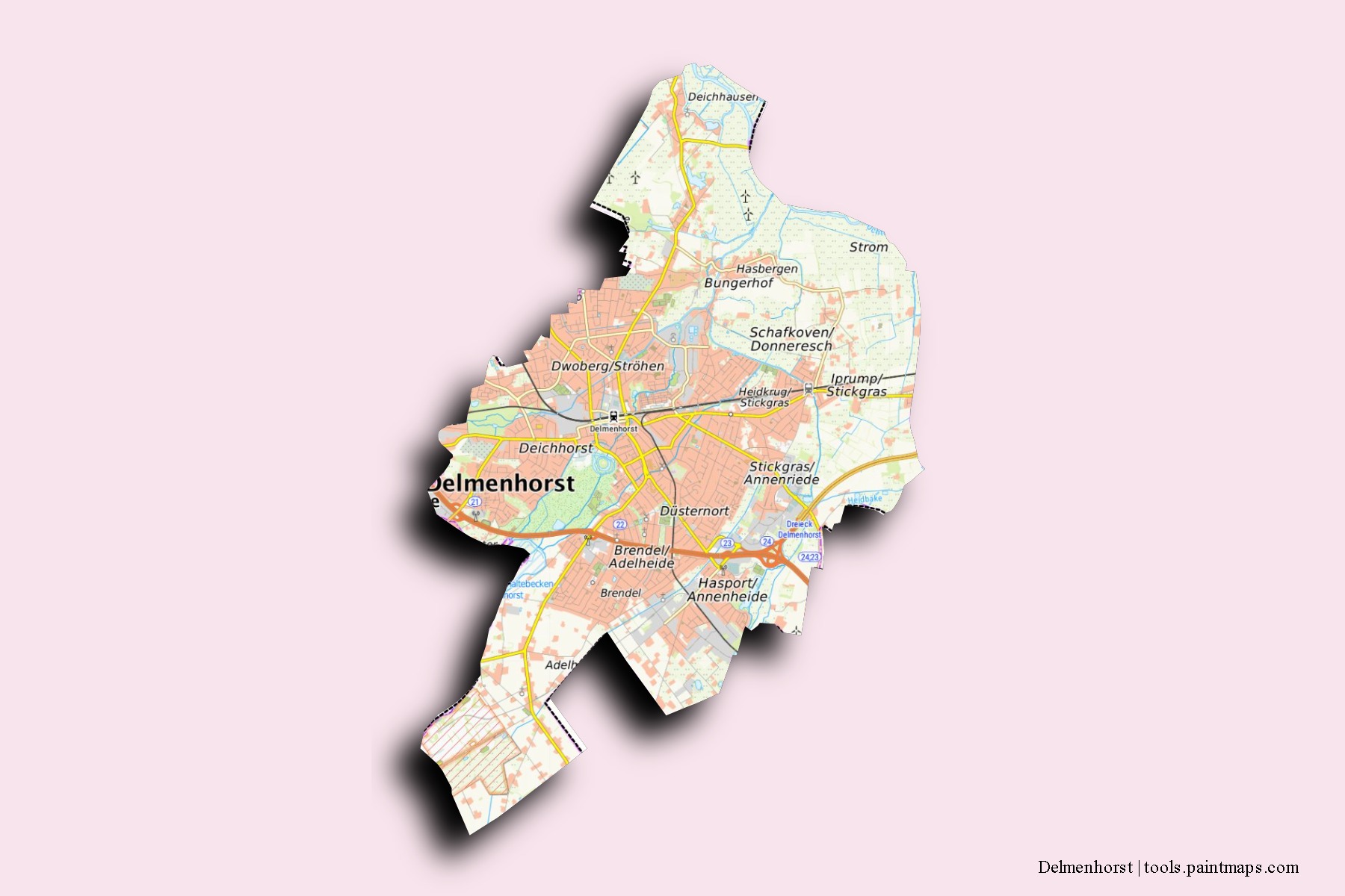 Delmenhorst neighborhoods and villages map with 3D shadow effect