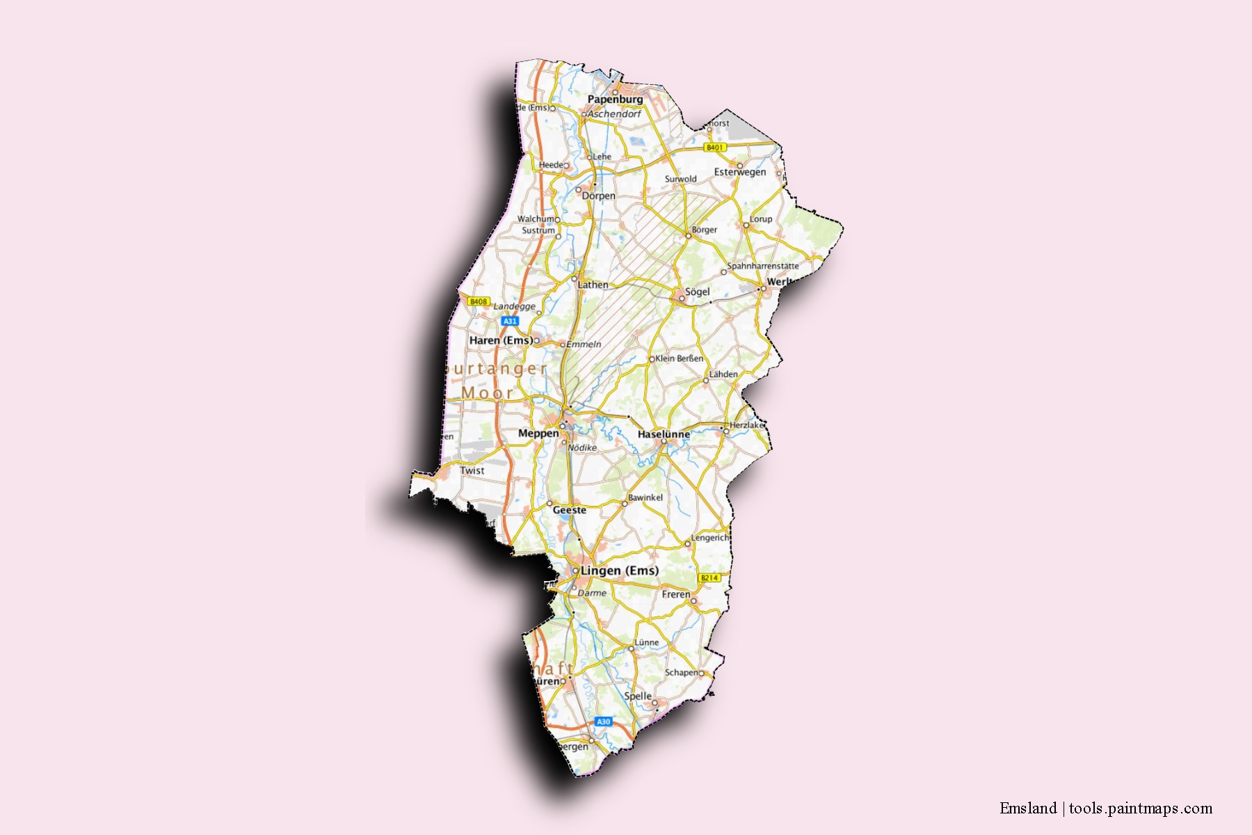 Mapa de barrios y pueblos de Emsland con efecto de sombra 3D