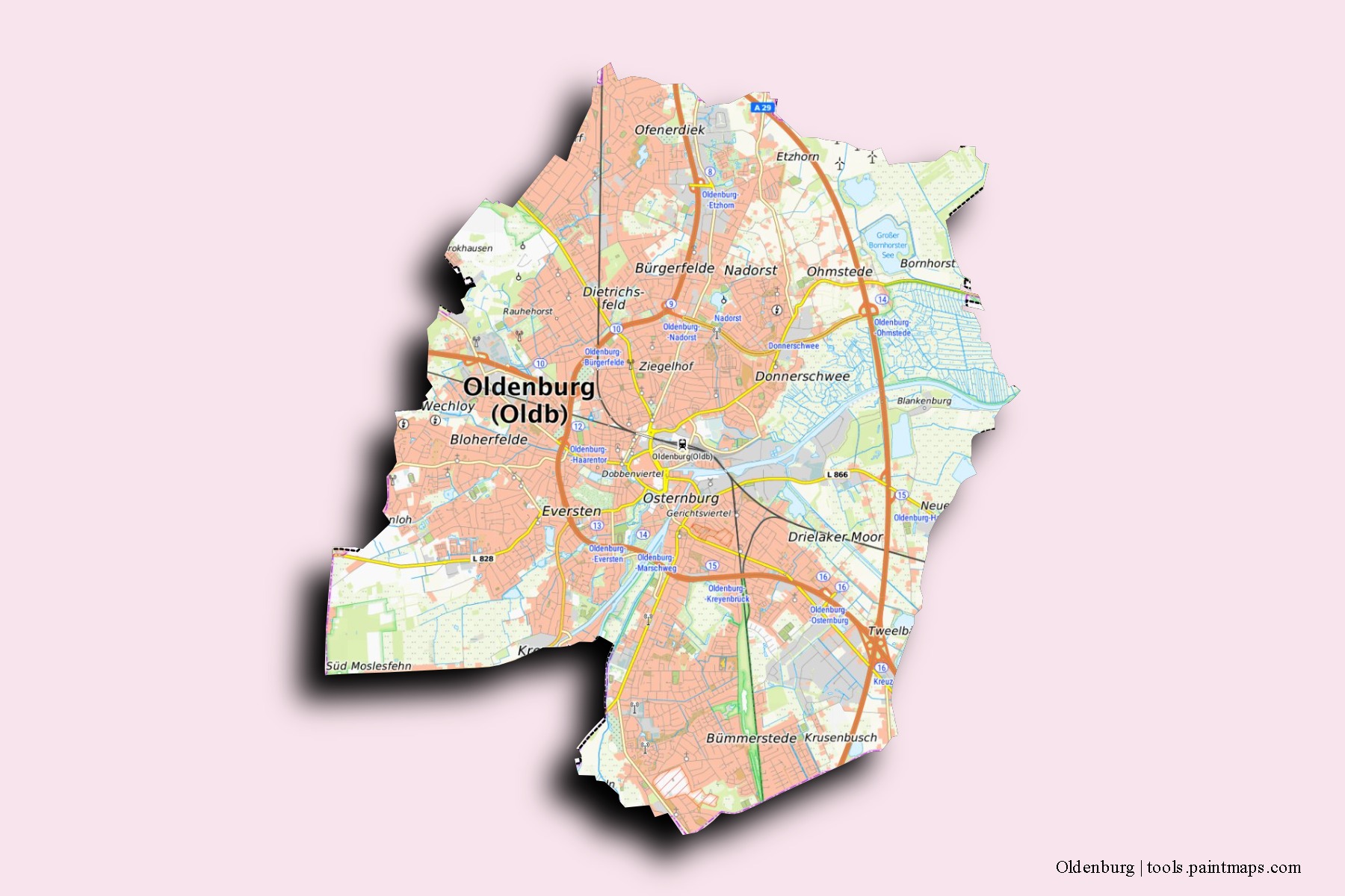 Mapa de barrios y pueblos de Oldenburg con efecto de sombra 3D