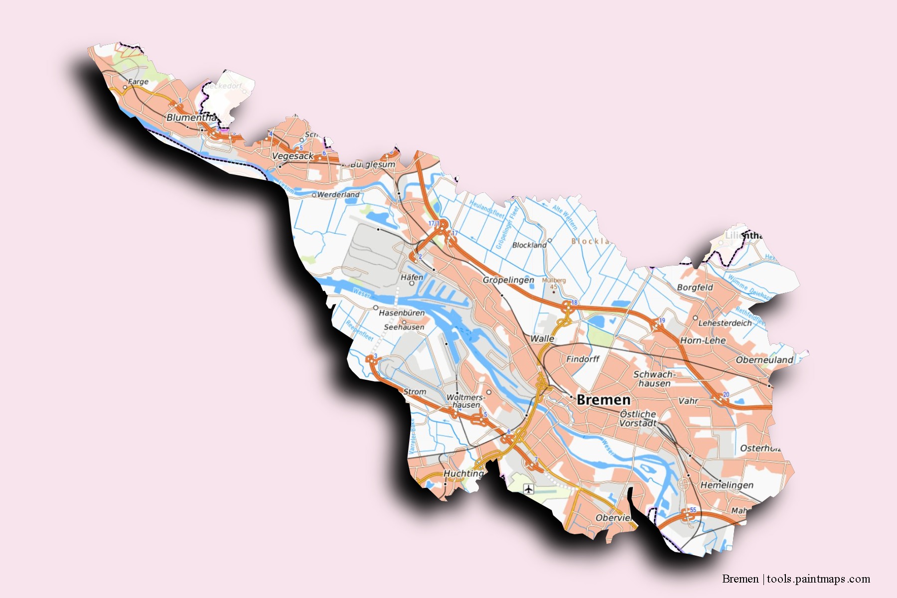 Bremen neighborhoods and villages map with 3D shadow effect