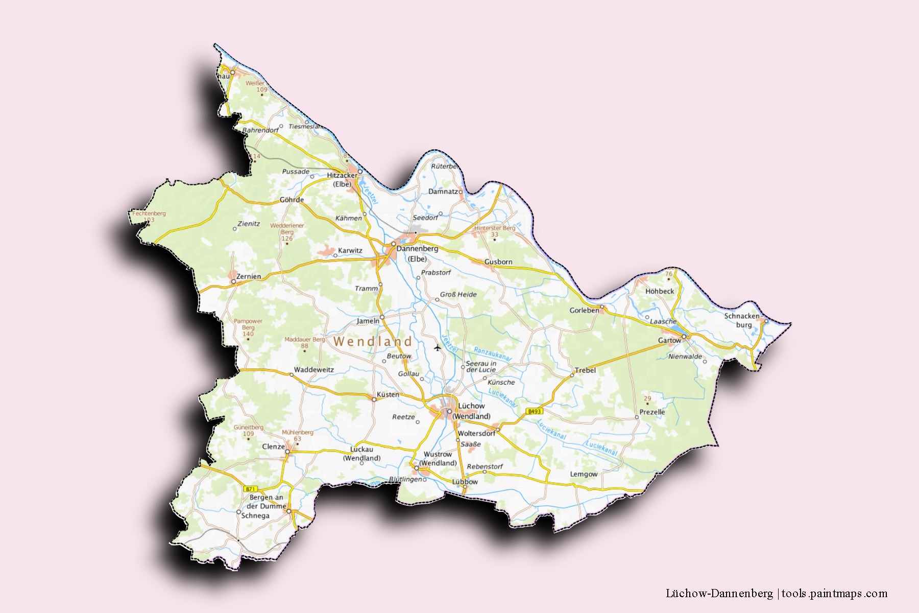 Mapa de barrios y pueblos de Lüchow-Dannenberg con efecto de sombra 3D