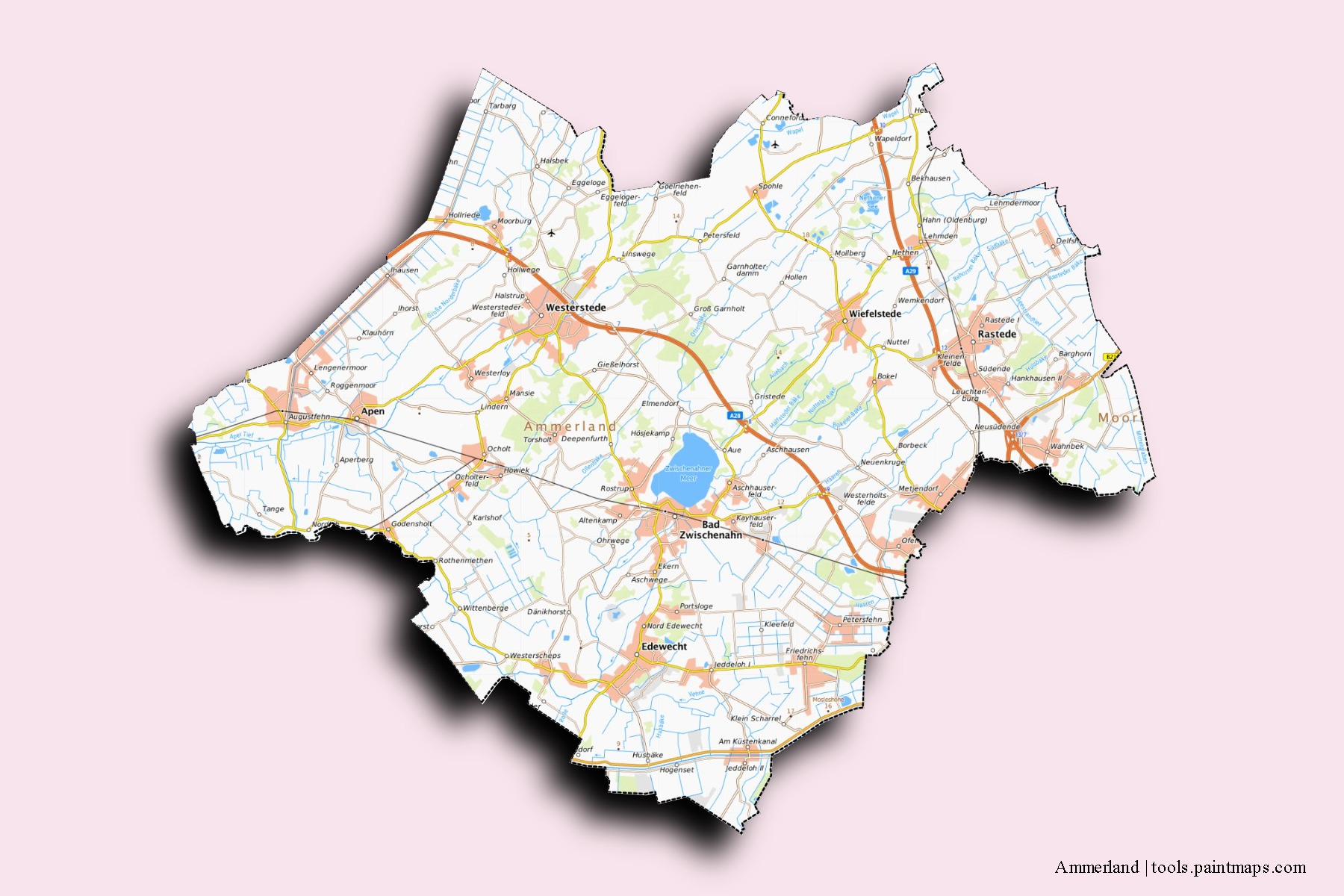 Ammerland neighborhoods and villages map with 3D shadow effect