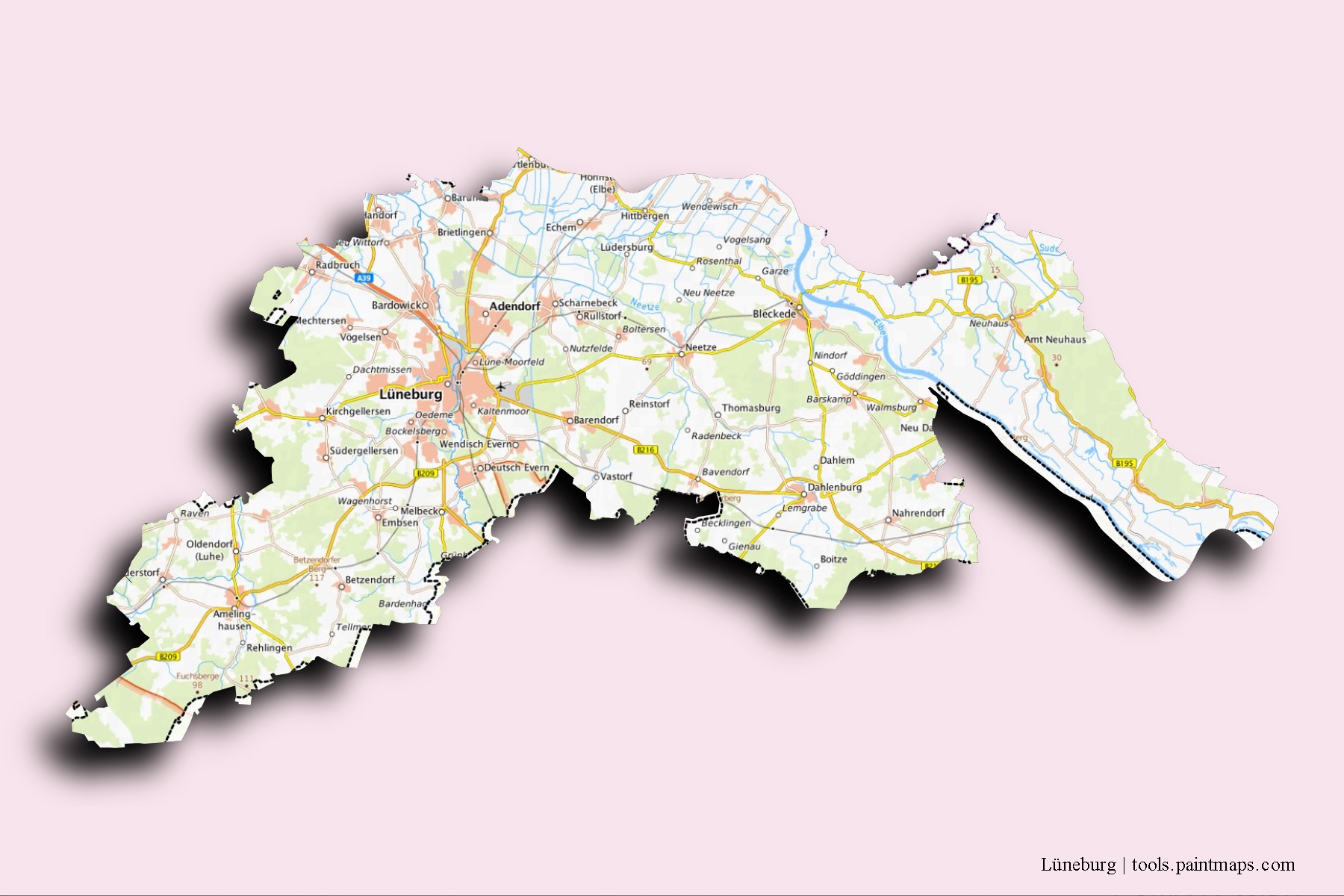 Mapa de barrios y pueblos de Lüneburg con efecto de sombra 3D