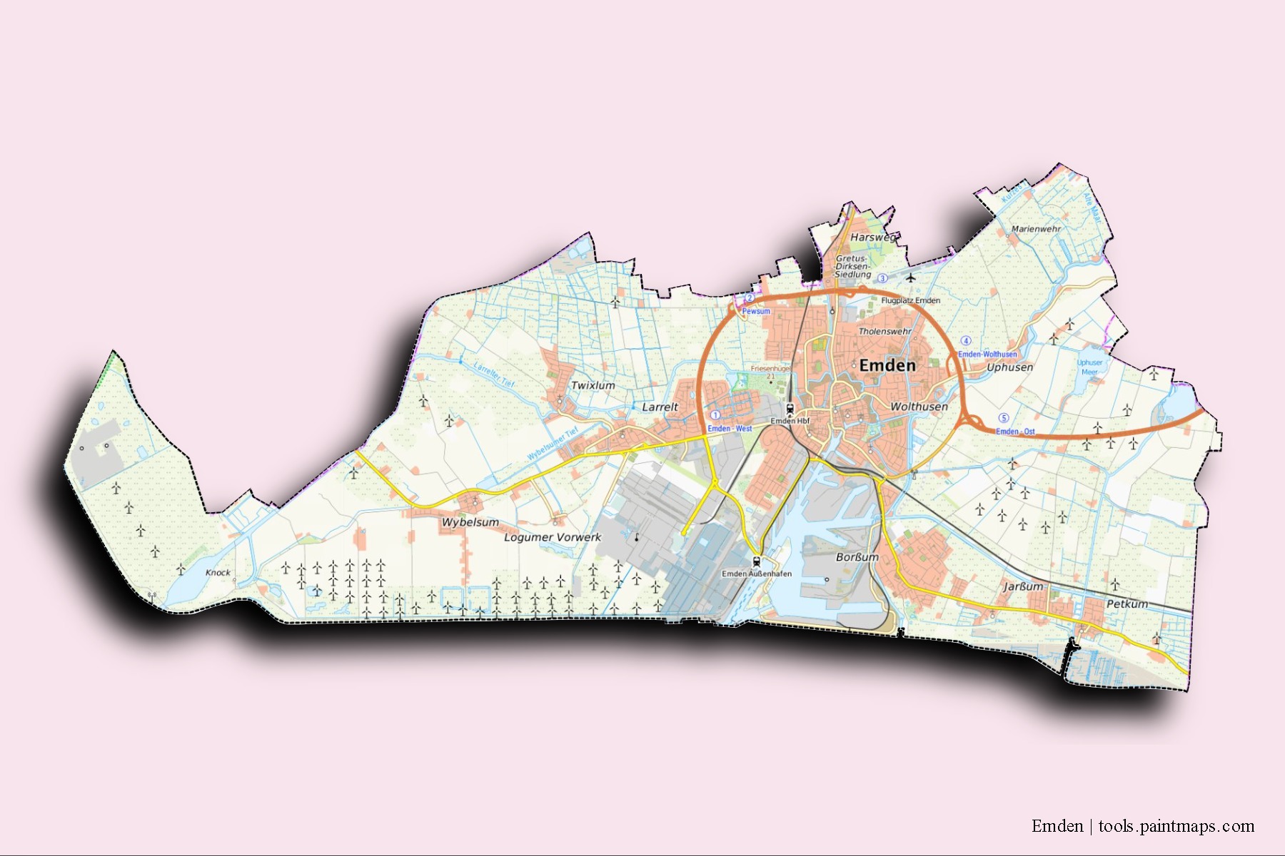 3D gölge efektli Emden mahalleleri ve köyleri haritası