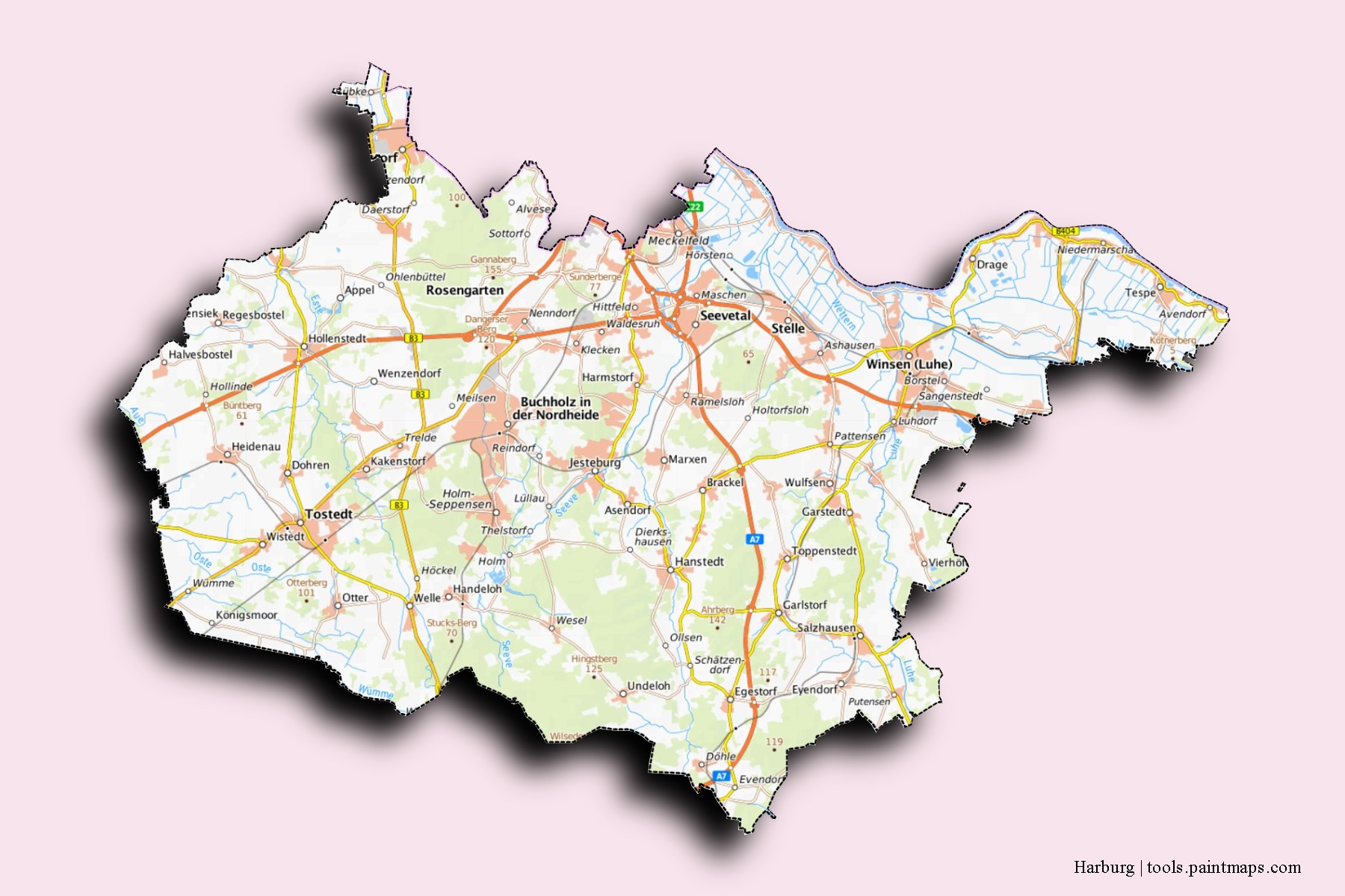 Harburg neighborhoods and villages map with 3D shadow effect