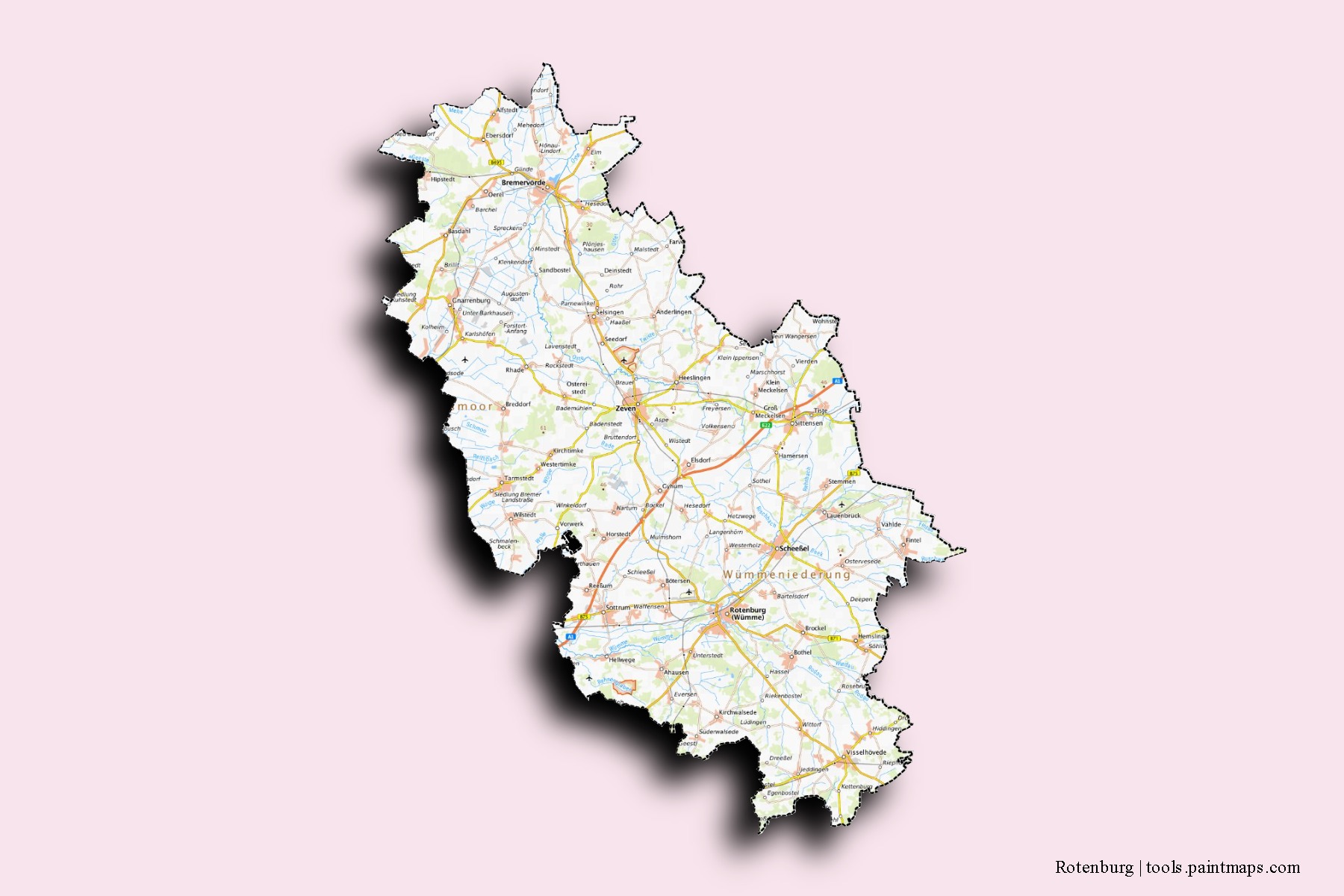 Mapa de barrios y pueblos de Rotenburg con efecto de sombra 3D