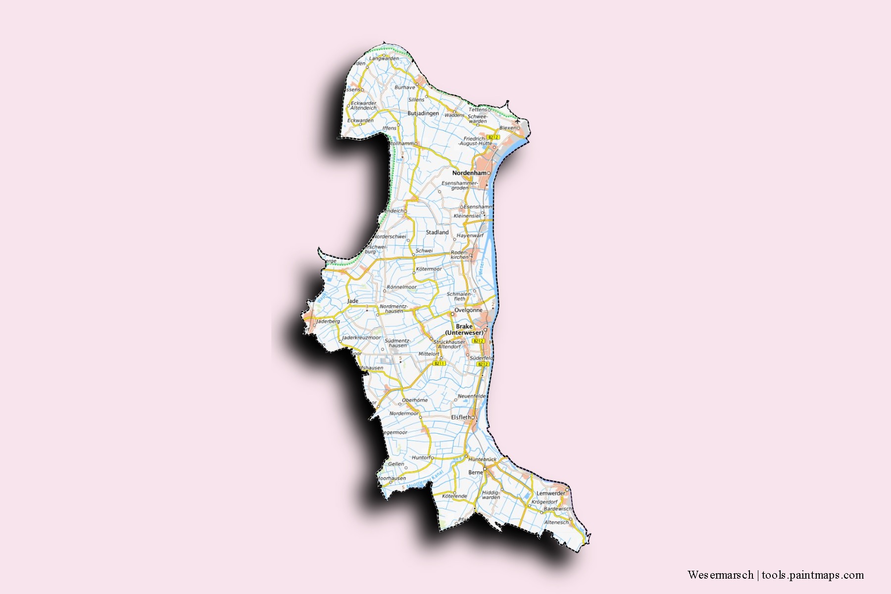 Mapa de barrios y pueblos de Wesermarsch con efecto de sombra 3D