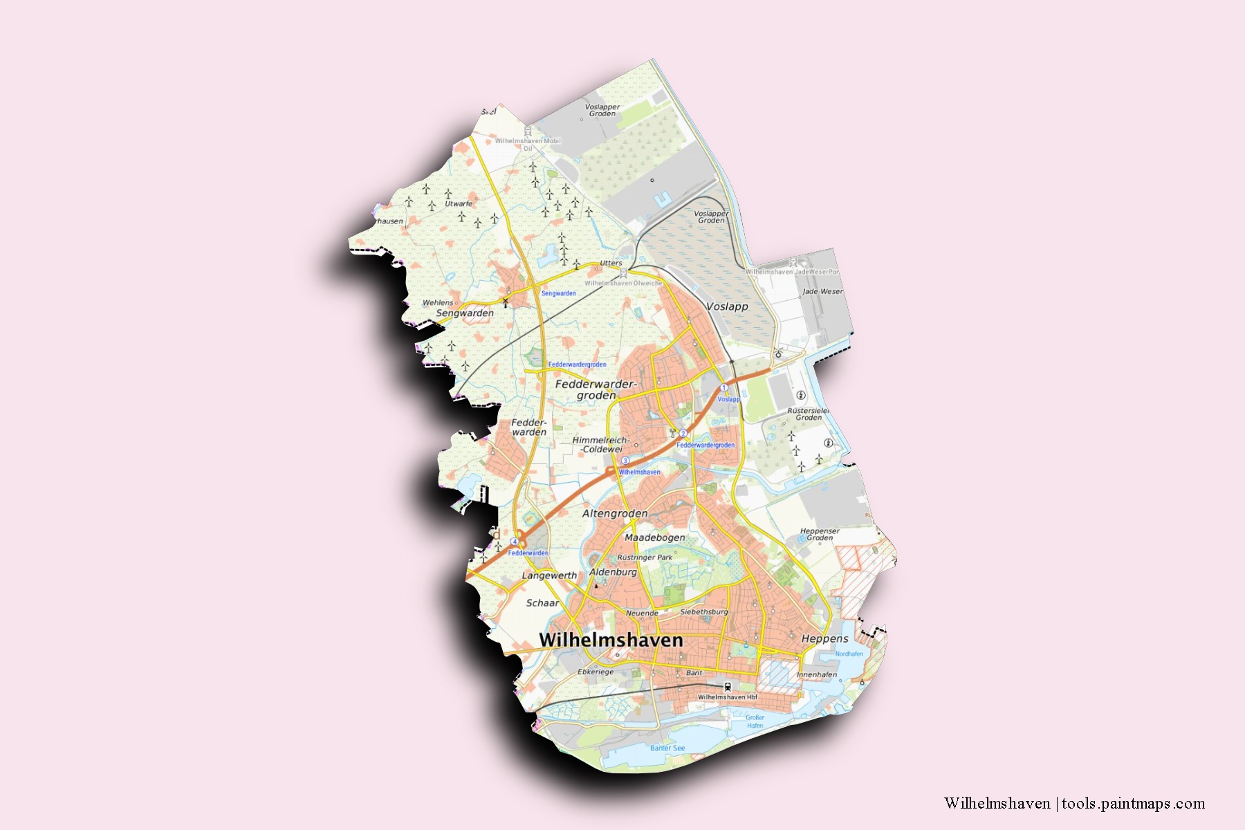 3D gölge efektli Wilhelmshaven mahalleleri ve köyleri haritası