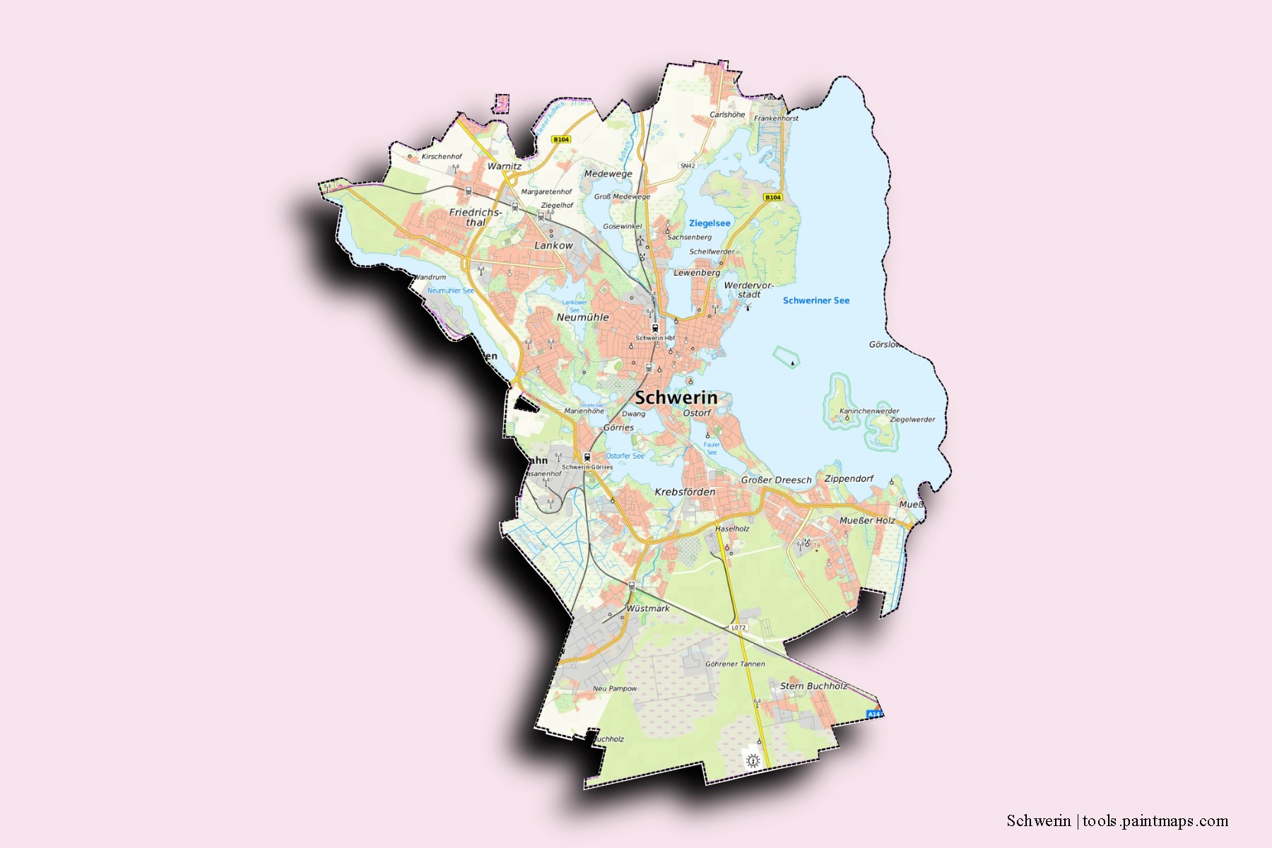 Schwerin neighborhoods and villages map with 3D shadow effect