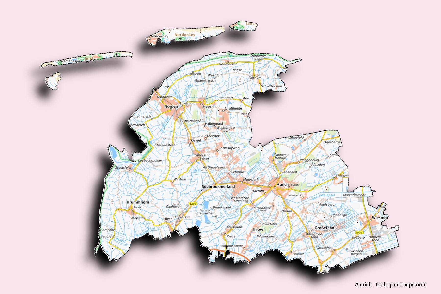 Aurich neighborhoods and villages map with 3D shadow effect