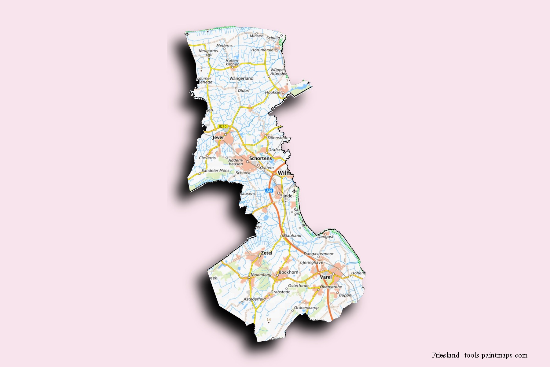 Mapa de barrios y pueblos de Friesland con efecto de sombra 3D