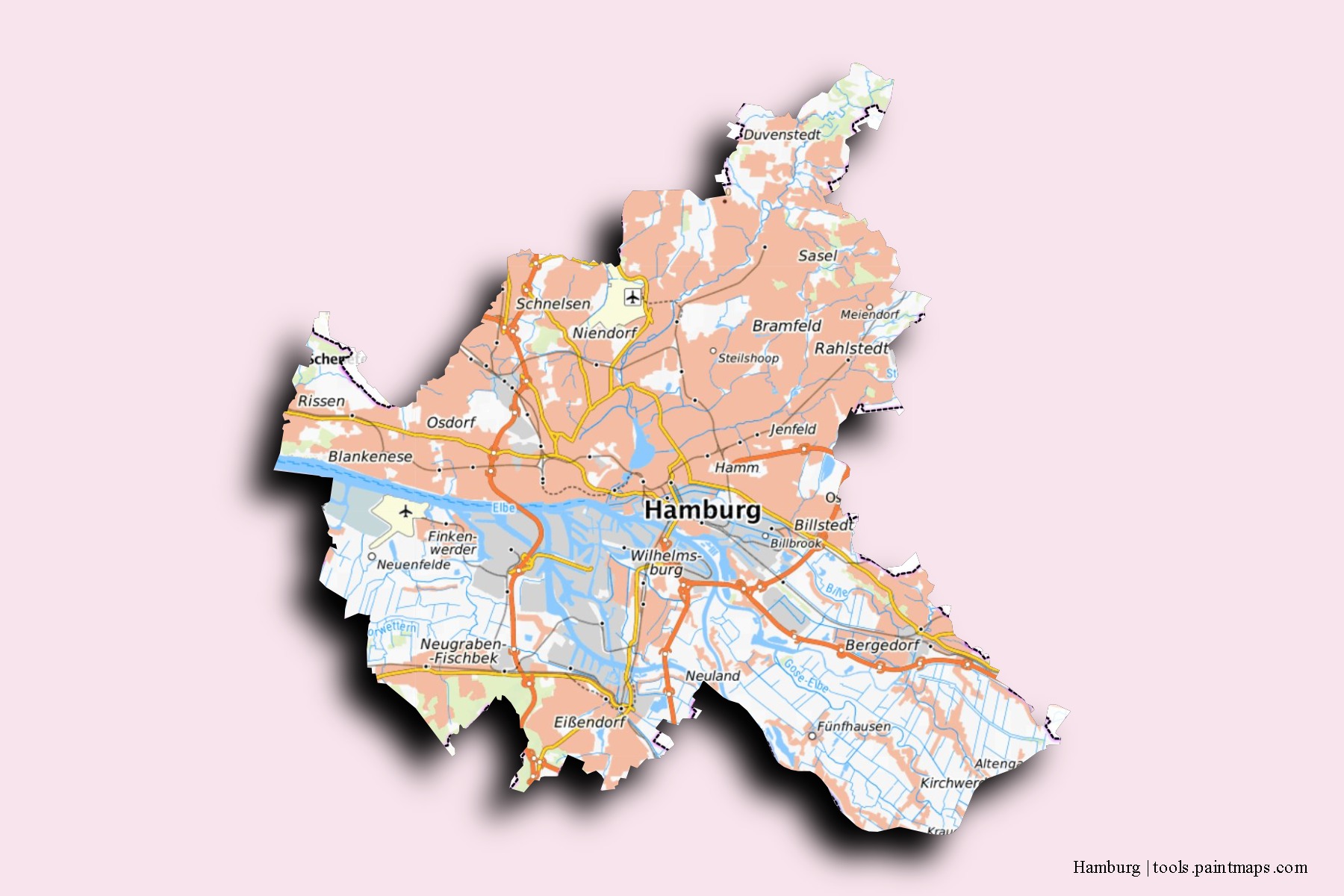 Mapa de barrios y pueblos de Hamburg con efecto de sombra 3D